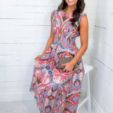 Sal Pink + Blue Cap Sleeve Midi Dress GIGIO