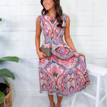 Sal Pink + Blue Cap Sleeve Midi Dress GIGIO