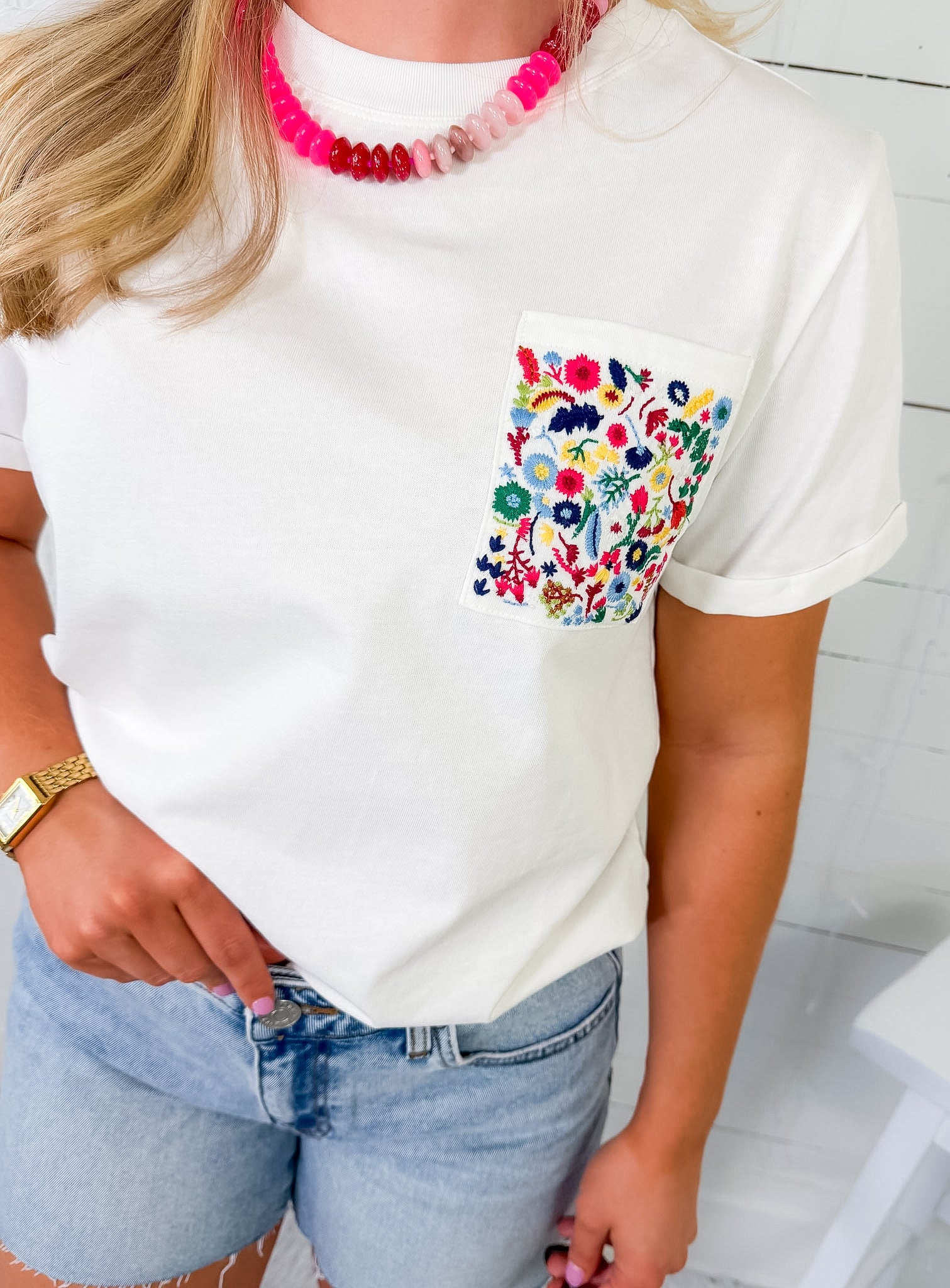 Samford White Embroidered Pocket Tee Pinch