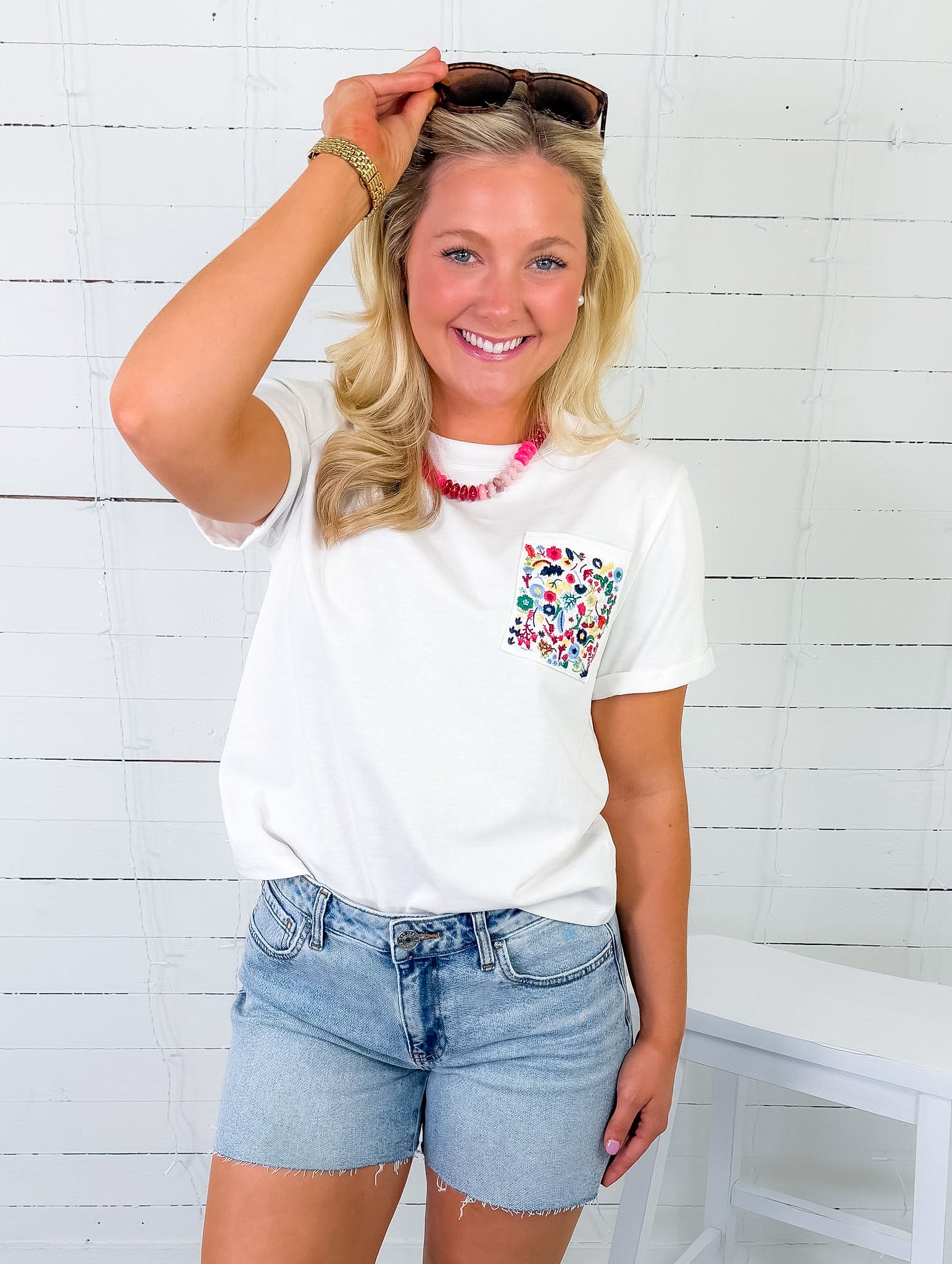 Samford White Embroidered Pocket Tee Pinch