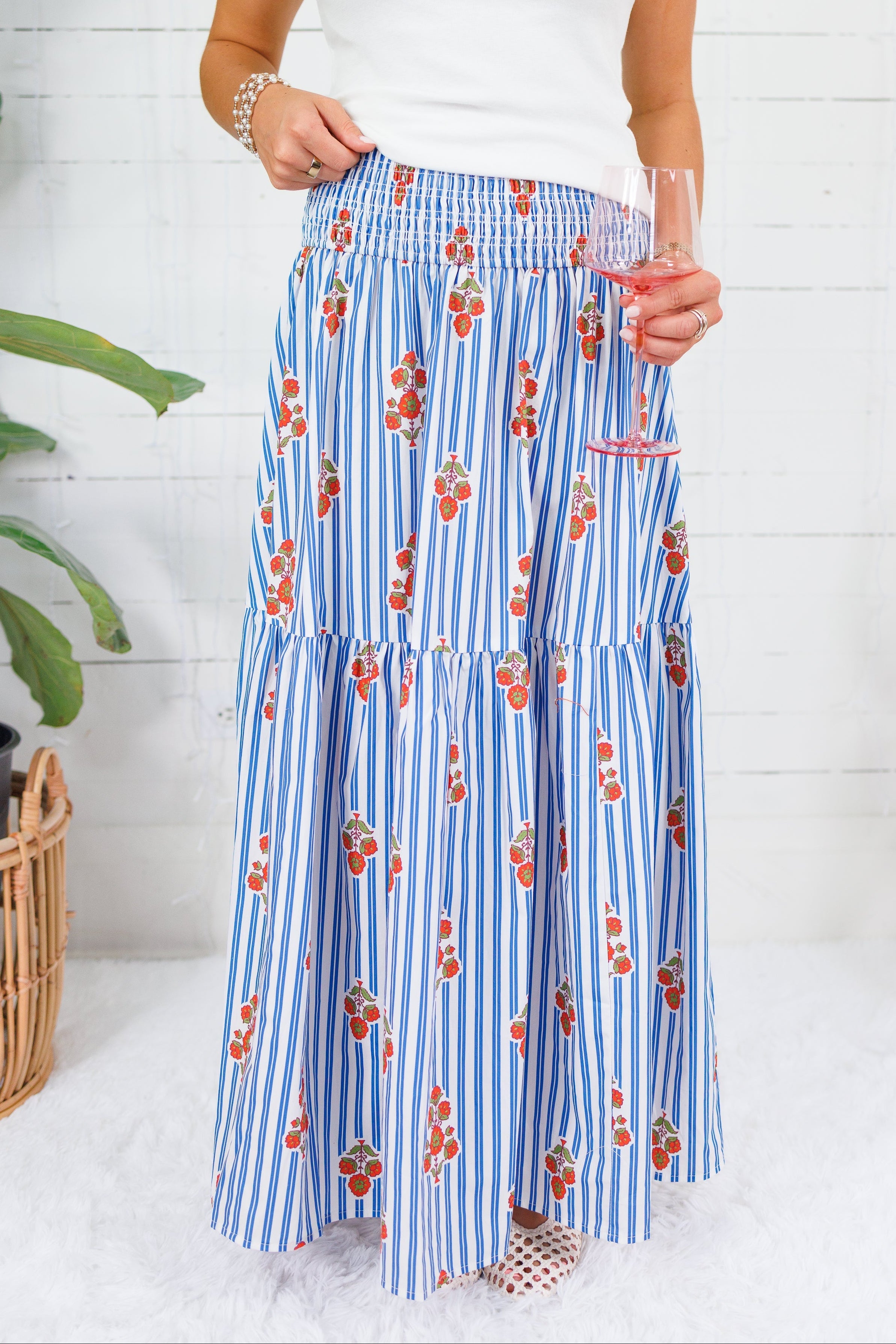 Sammy Floral Stripe Smocked Tier Maxi Skirt Karlie