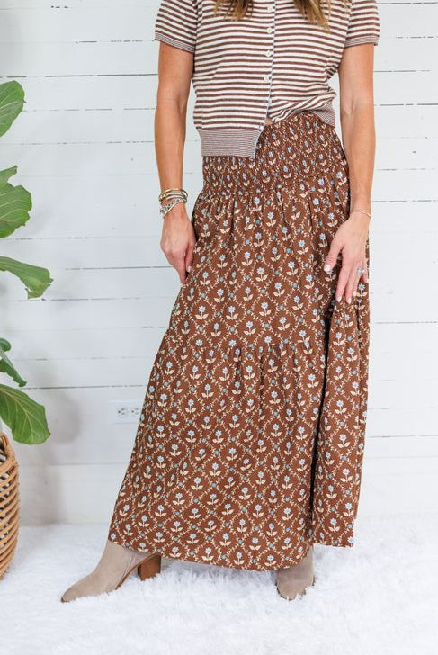 Sammy Cocoa Floral Smocked Tier Maxi Skirt Karlie