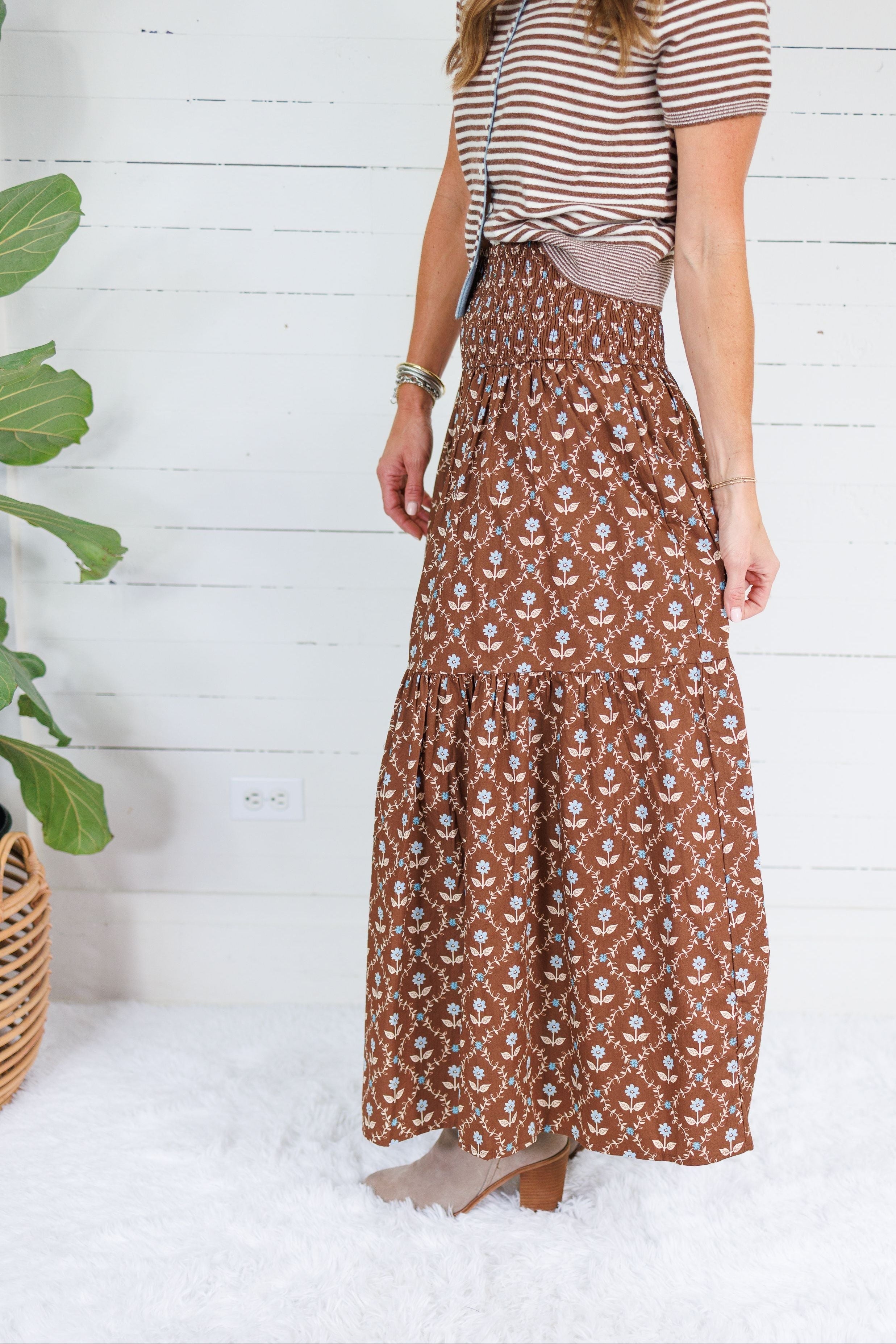 Sammy Cocoa Floral Smocked Tier Maxi Skirt Karlie