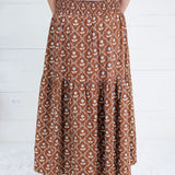 Sammy Cocoa Floral Smocked Tier Maxi Skirt Karlie