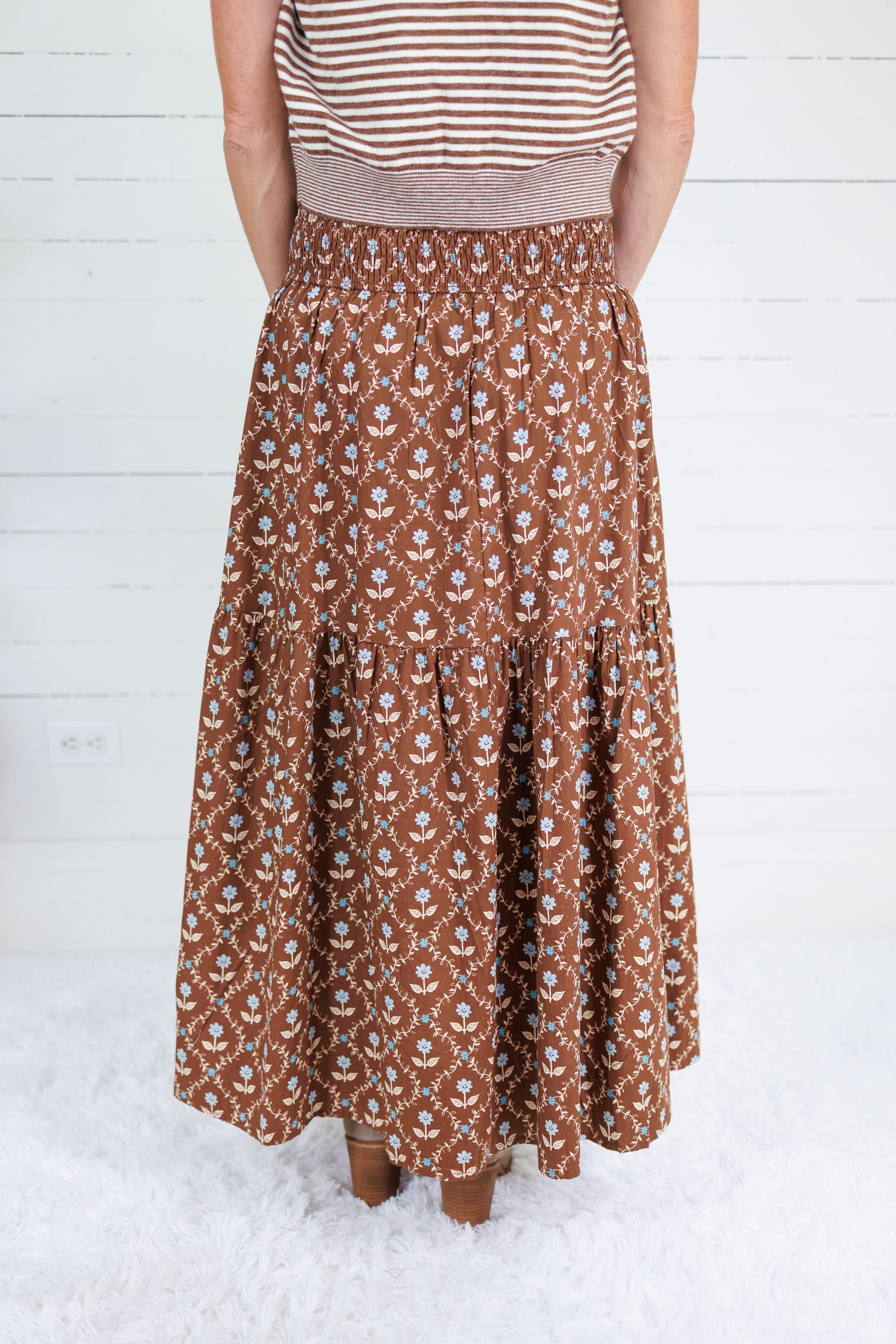 Sammy Cocoa Floral Smocked Tier Maxi Skirt Karlie