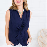 Sara Navy Twisted Front Sleeveless Top Kut