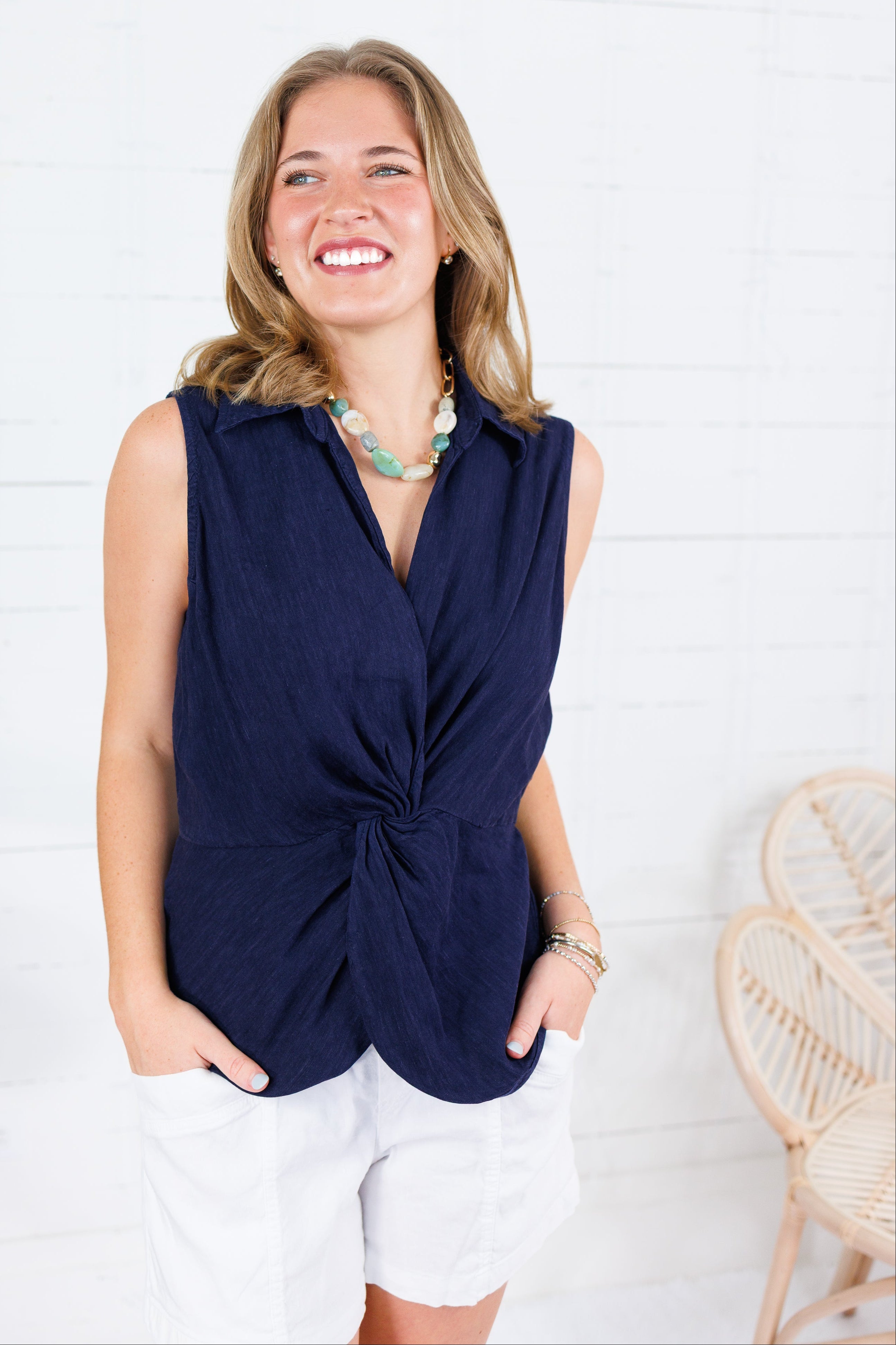 Sara Navy Twisted Front Sleeveless Top Kut