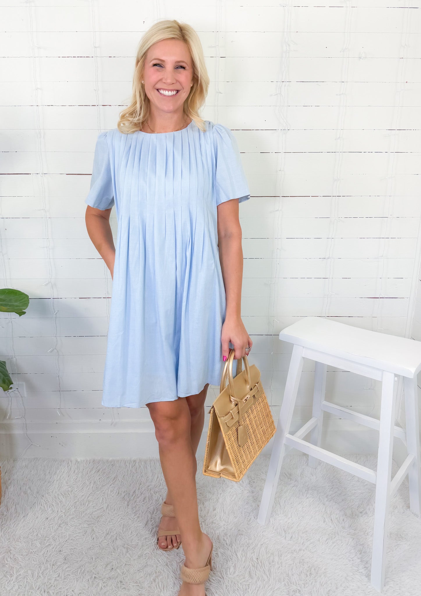 Sarasota Sky Blue Pin Tuck Mini Dress