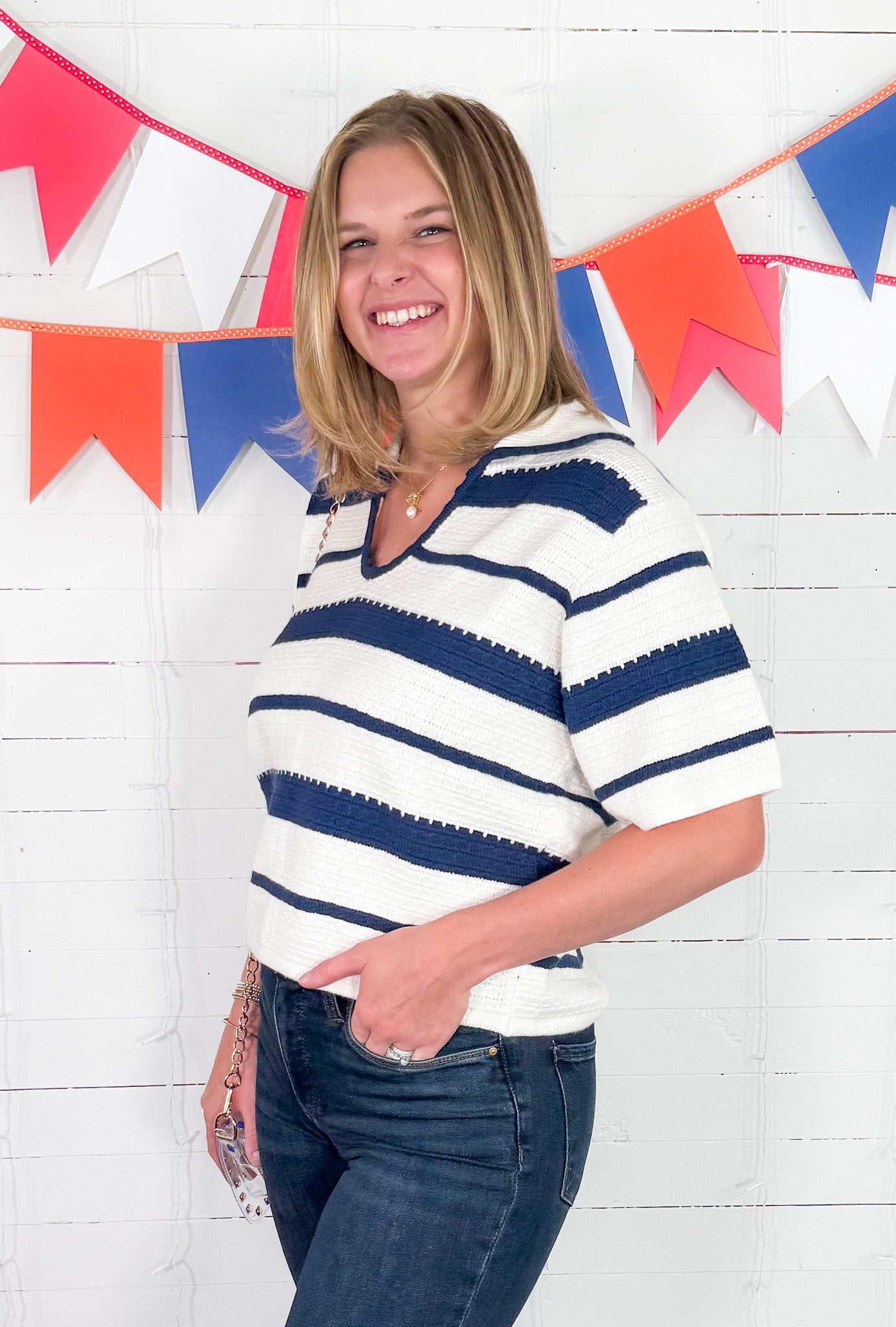 Saylor Navy + White Sweater THML