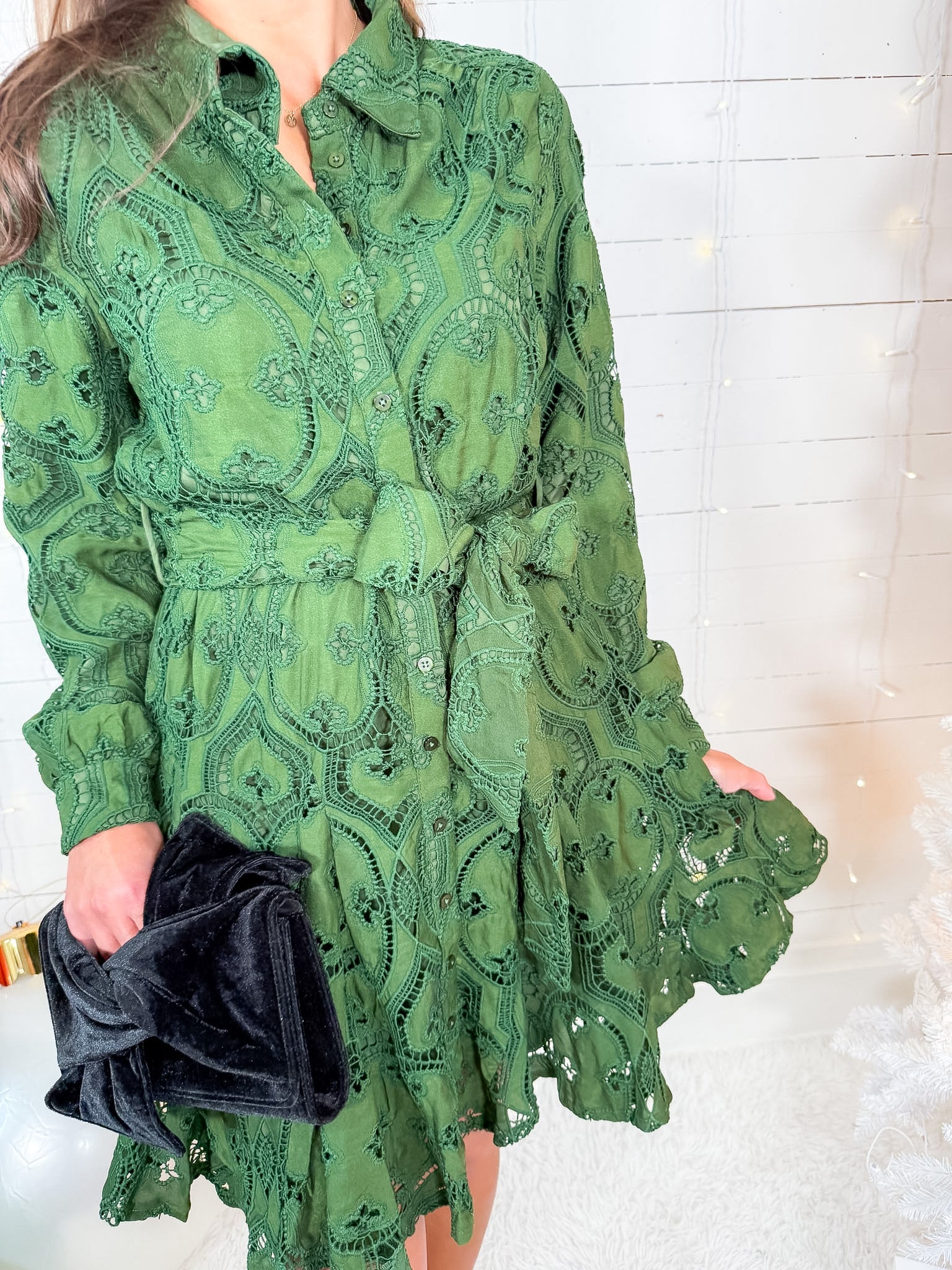 Serane Hunter Green Embroidered Lace Mini Dress Ciebon 
