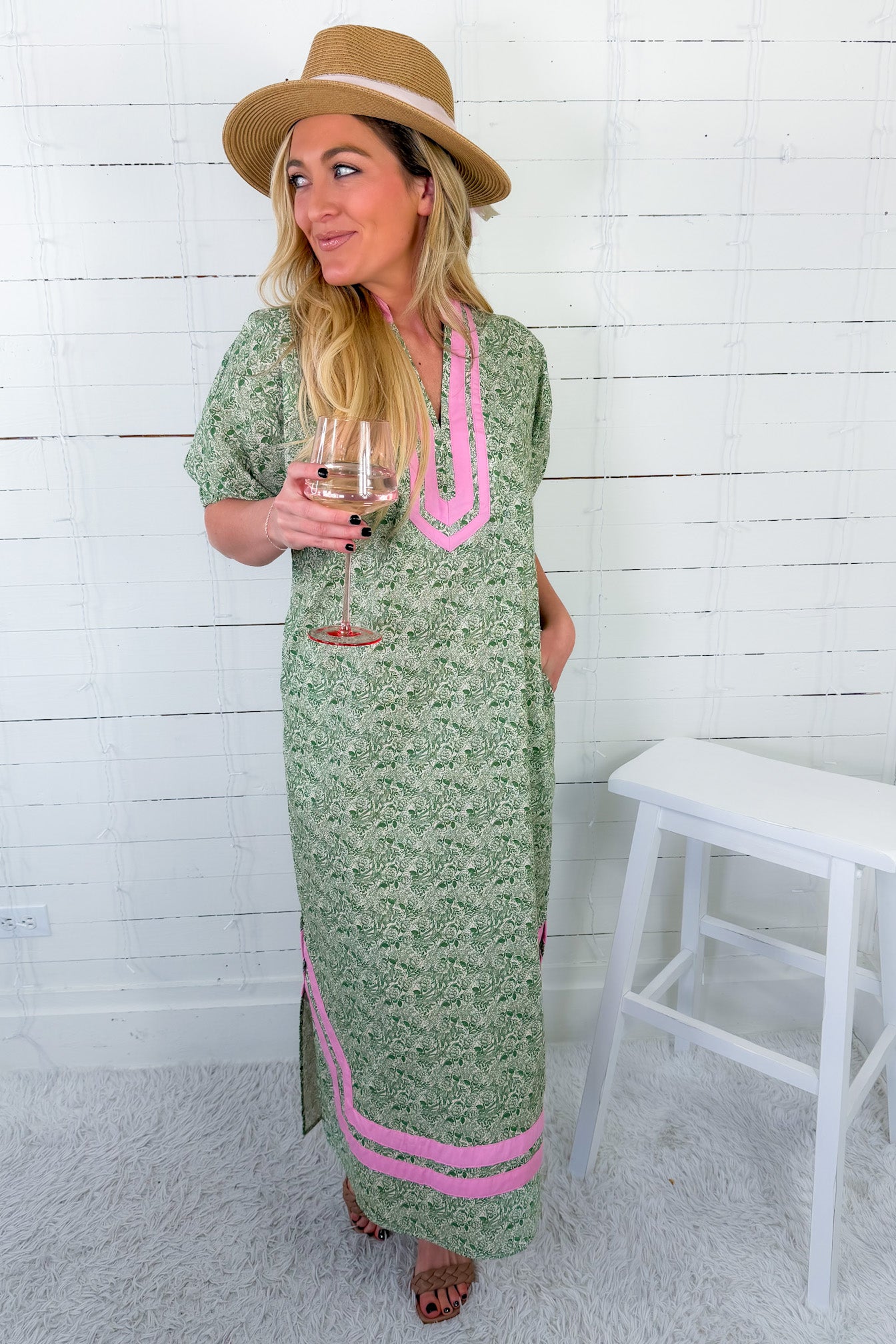 Shelby Green + Pink Moroccan Maxi Dress Entro