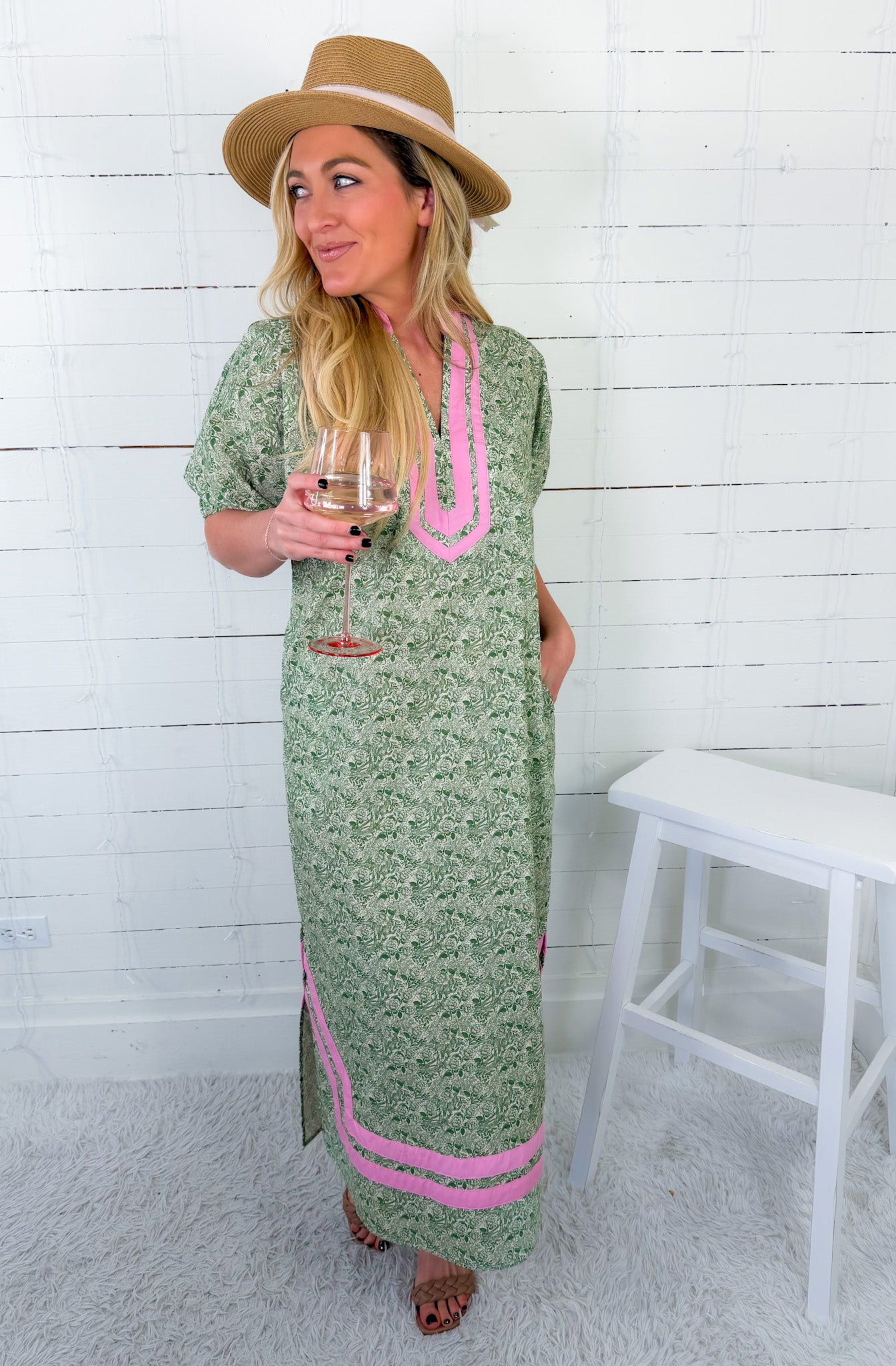Shelby Green + Pink Moroccan Maxi Dress Entro