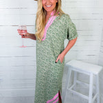 Shelby Green + Pink Moroccan Maxi Dress Entro