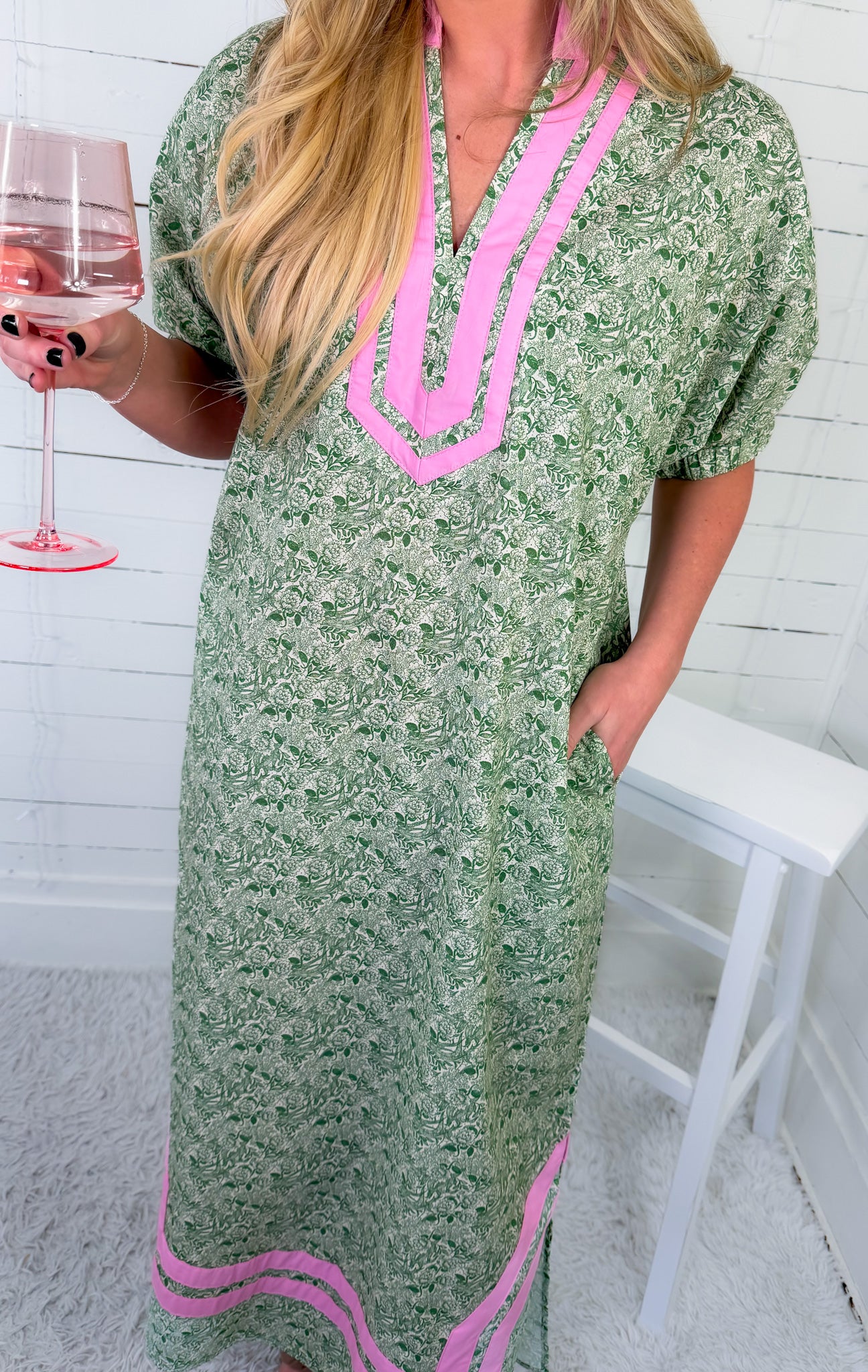 Shelby Green + Pink Moroccan Maxi Dress Entro