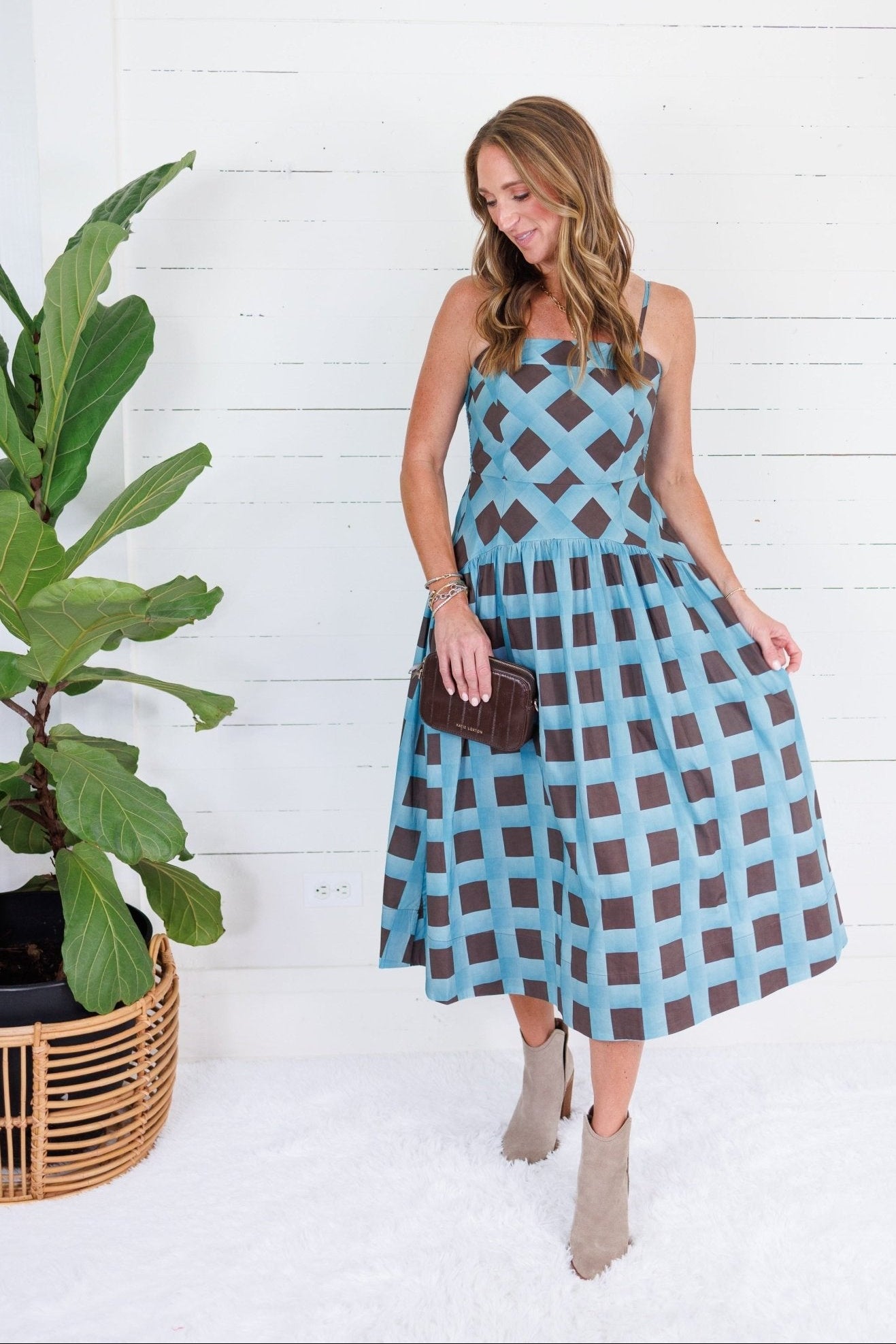 Sherri Blue + Brown Checkerboard Maxi Dress Entro