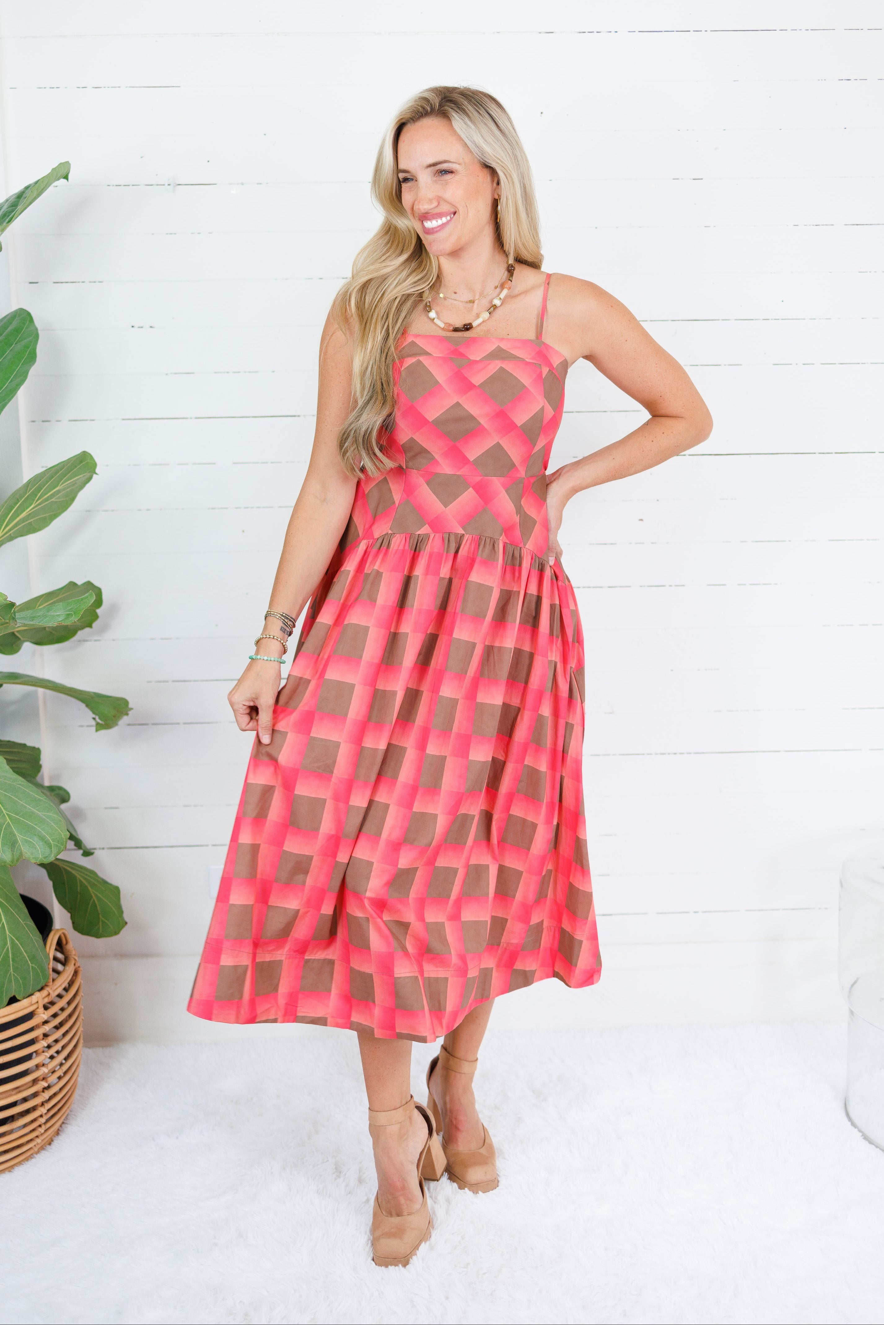 Sherri Coral + Brown Checkerboard Maxi Dress Entro
