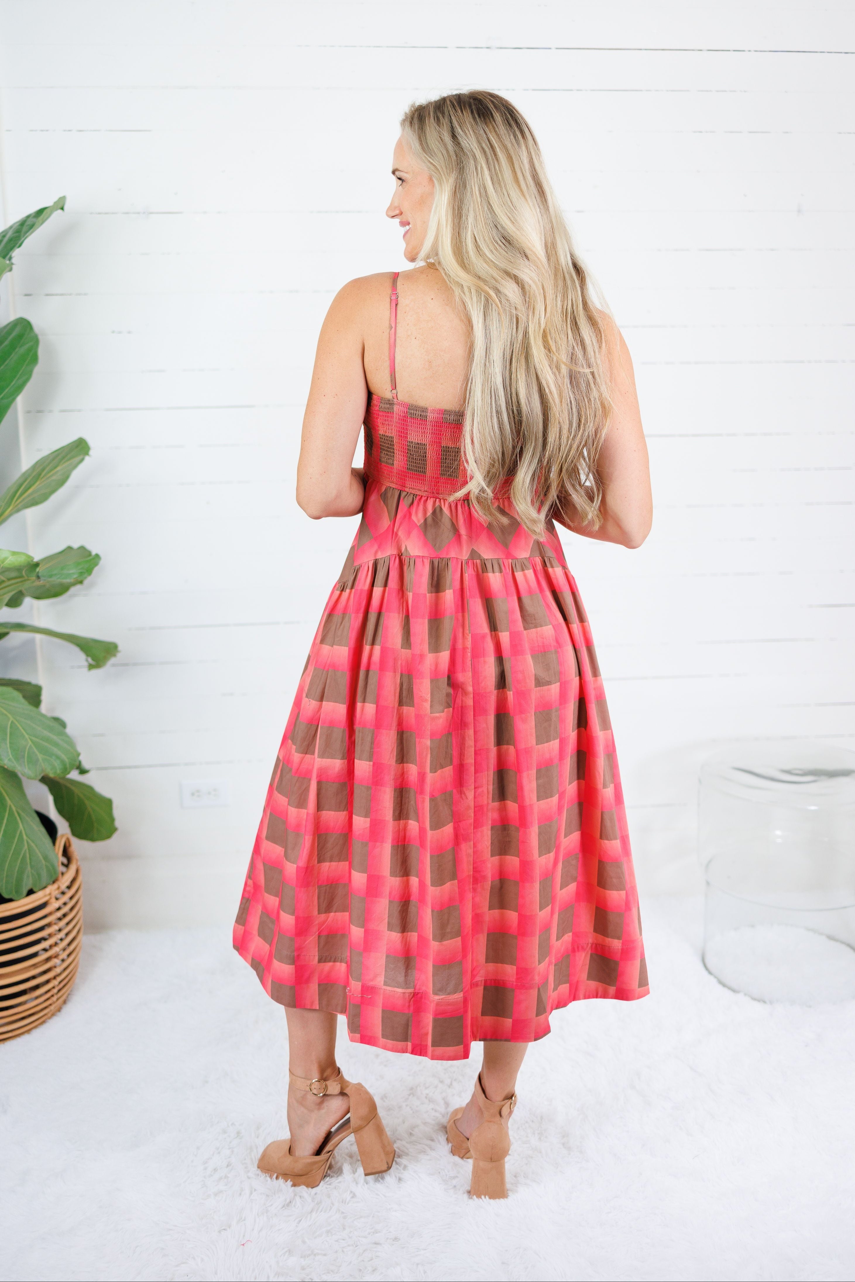 Sherri Coral + Brown Checkerboard Maxi Dress Entro