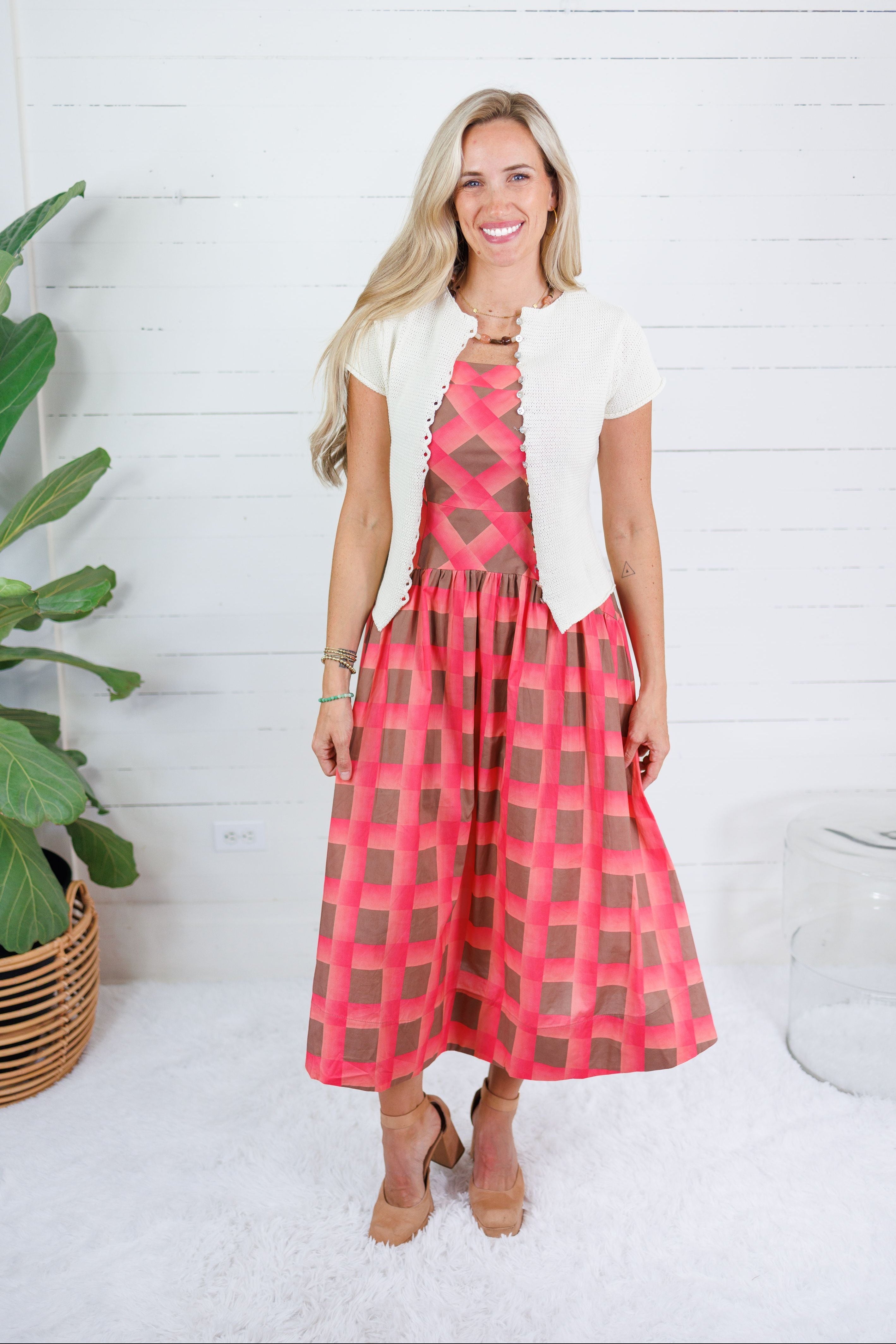 Sherri Coral + Brown Checkerboard Maxi Dress Entroht.