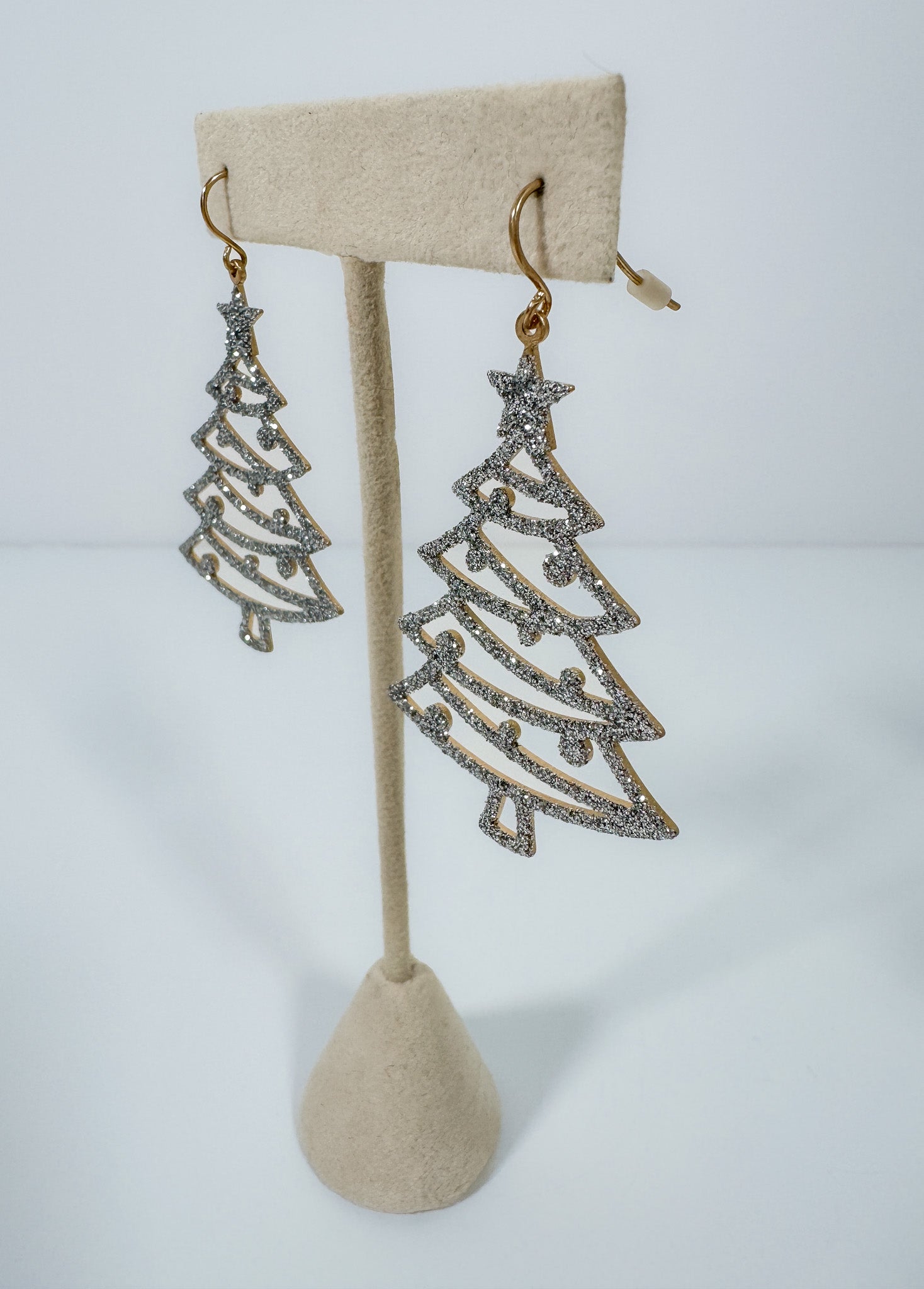 Silver Glitter Christmas Tree Earrings