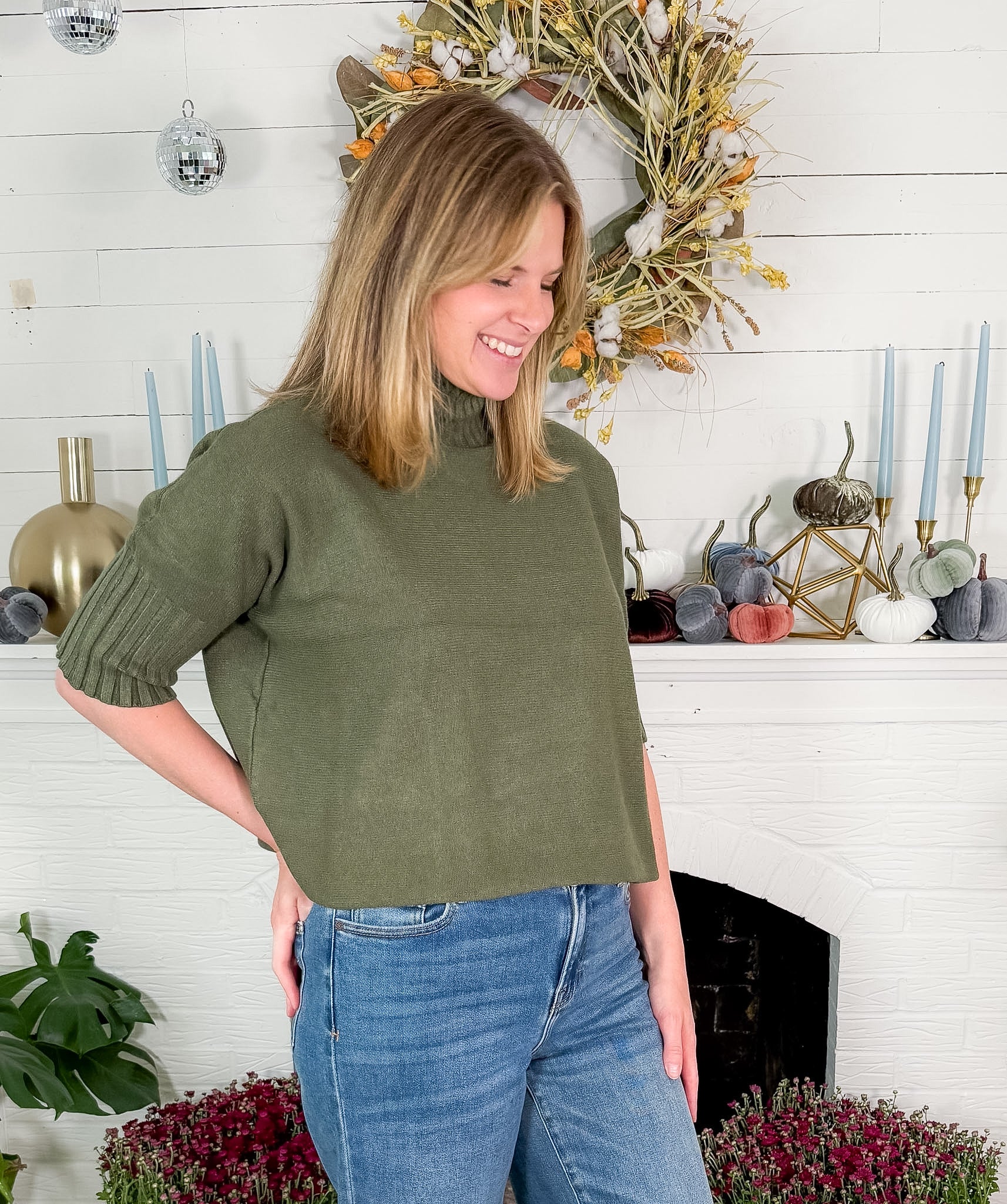 Sims Olive Ribbed Turtleneck Sweater
