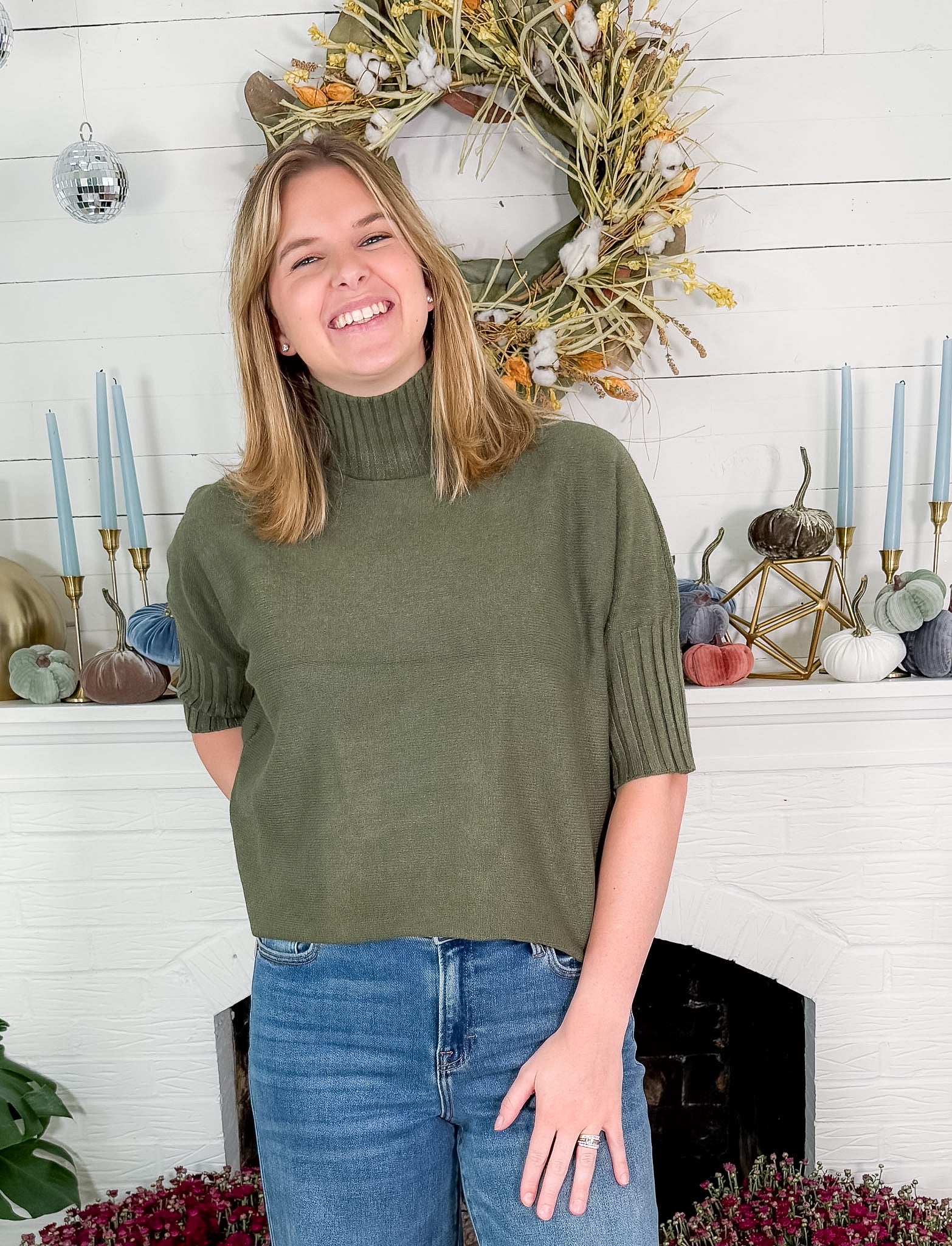 Sims Olive Ribbed Turtleneck Sweater