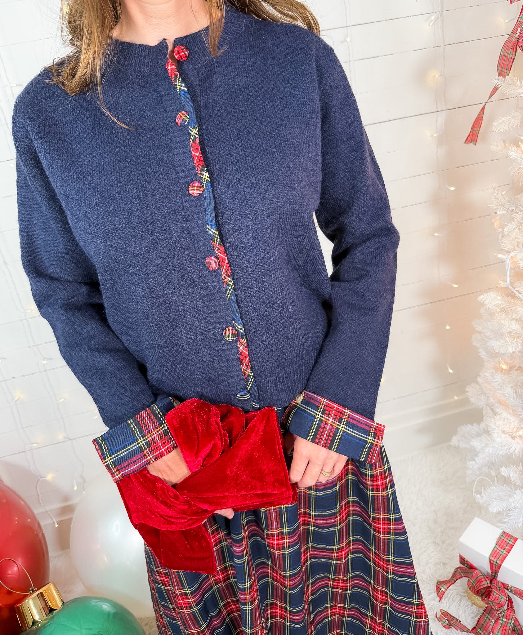 Skipper Navy + Plaid Trim Cardigan Sweater Entro