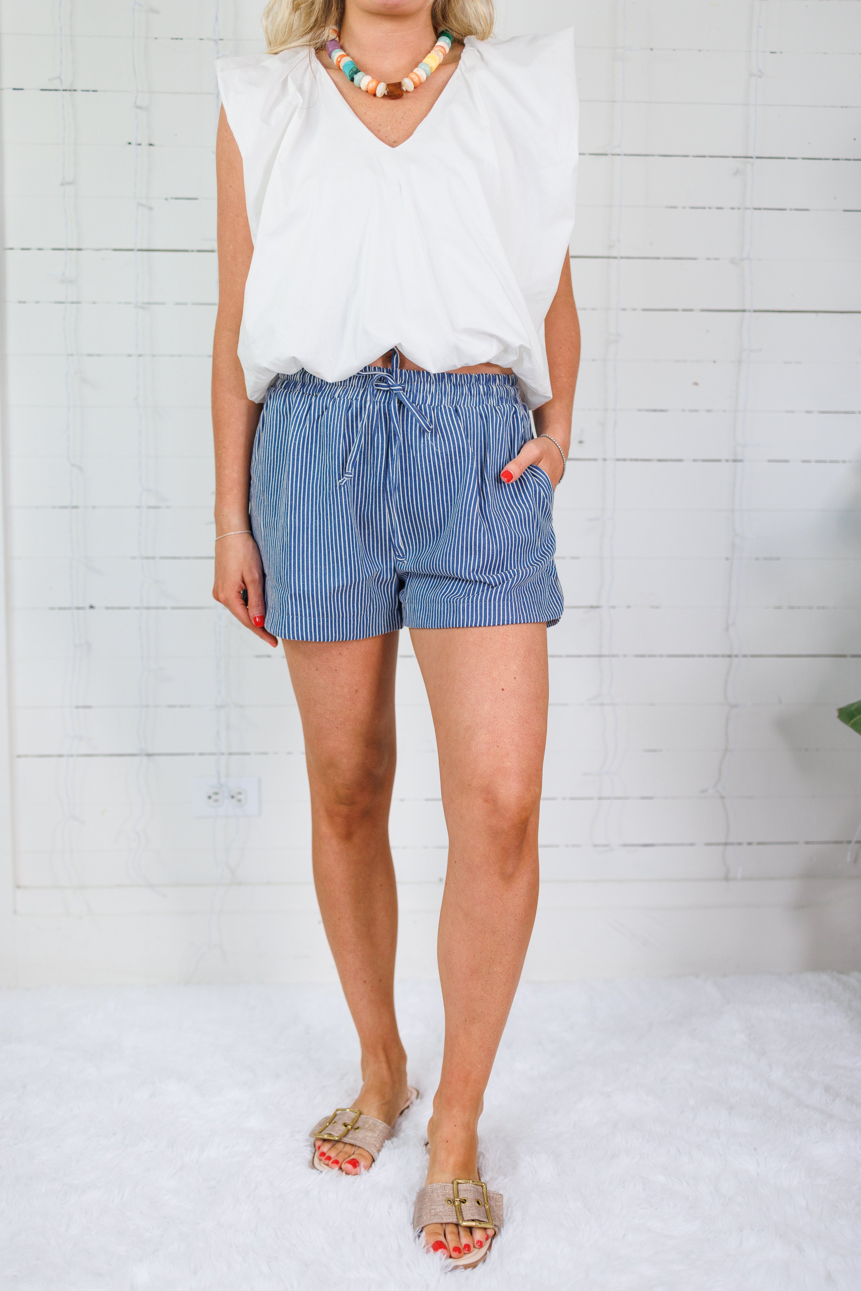 Sloan Blue Stripe Dolphin Hem Shorts Elle Grey