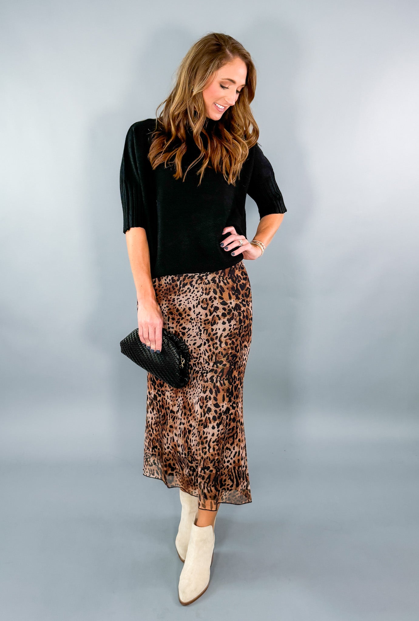 Starr Stretchy Leopard Print Mesh Midi Skirt