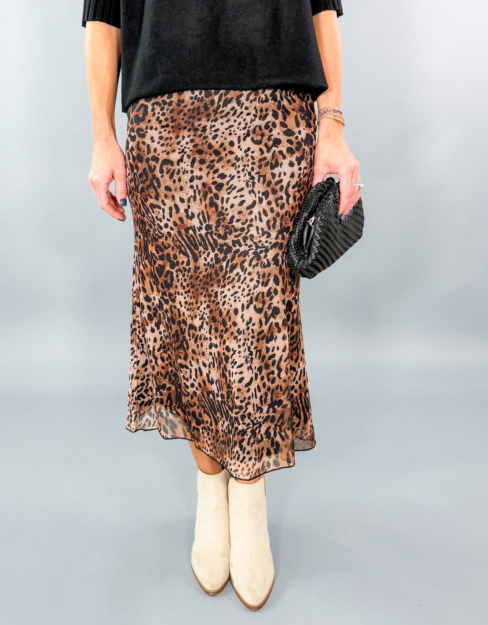 Starr Stretchy Leopard Print Mesh Midi Skirt