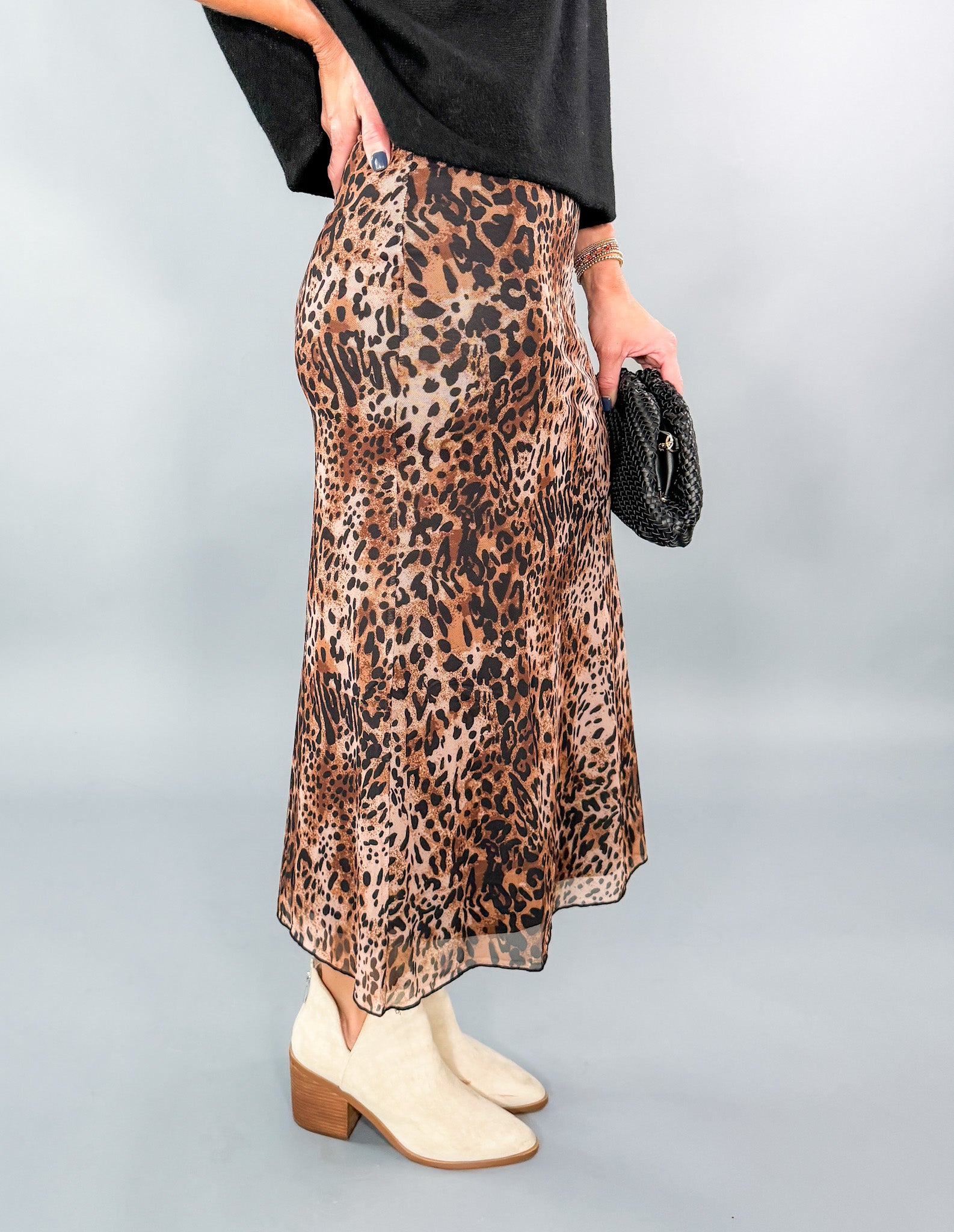 Starr Stretchy Leopard Print Mesh Midi Skirt