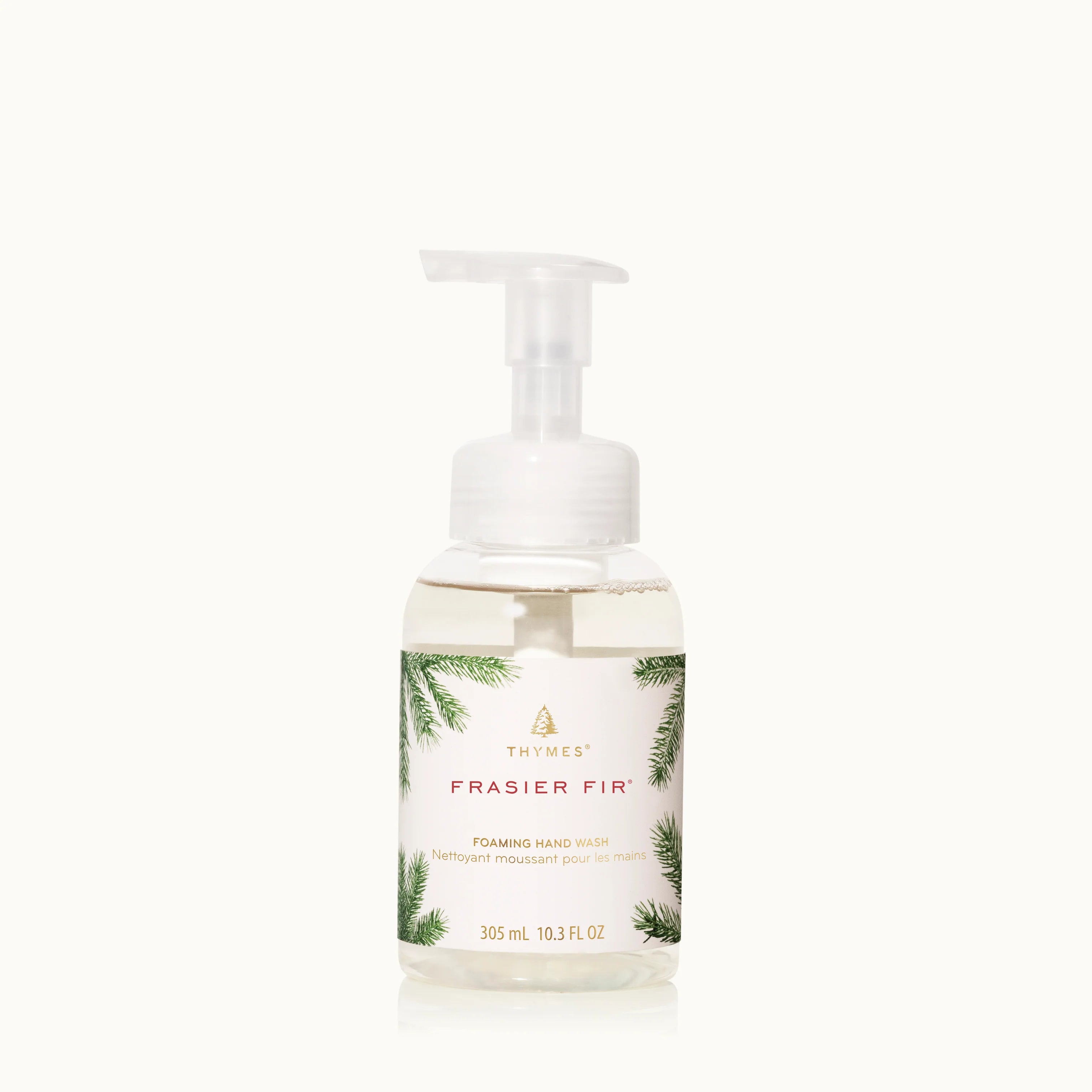 Foaming hand soap bottle with 'Frasier Fir' label on a white background