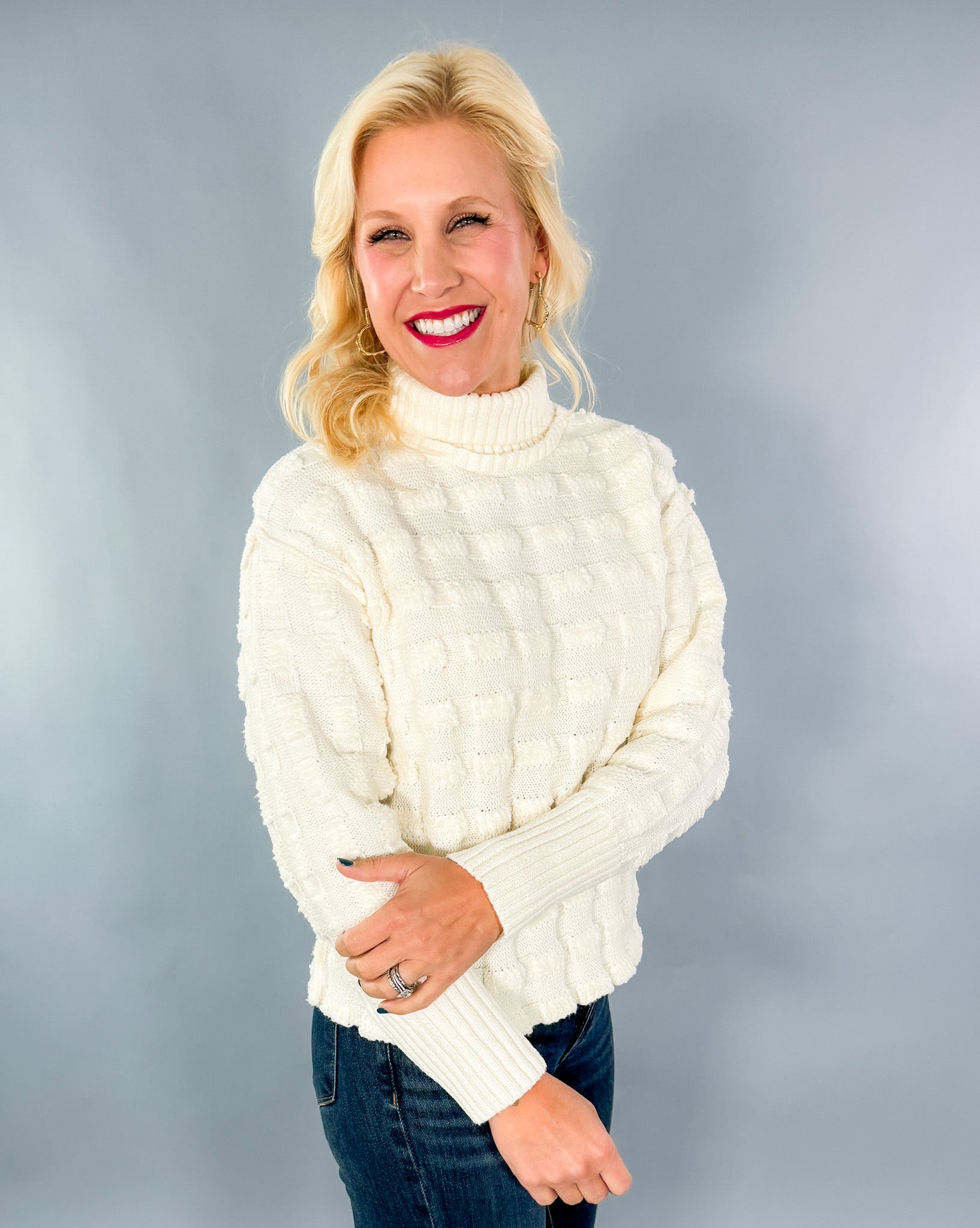 Talia Puff Squares Ivory Mock Neck Sweater