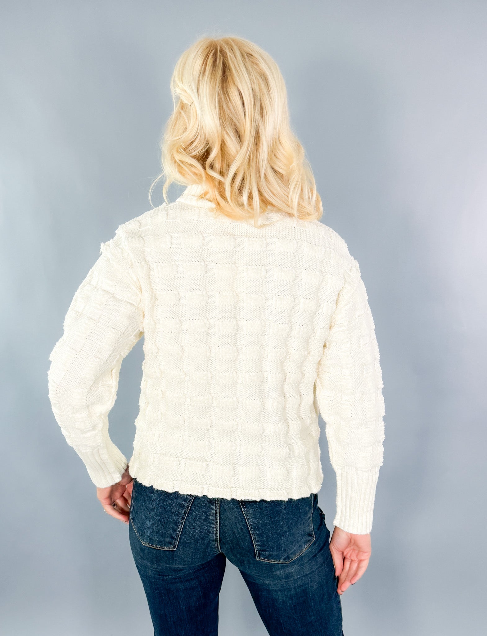 Talia Puff Squares Ivory Mock Neck Sweater