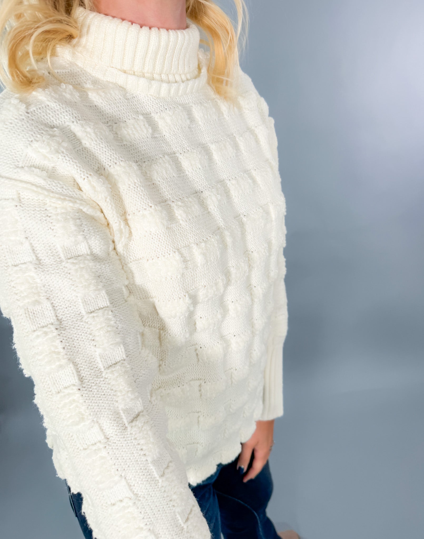 Talia Puff Squares Ivory Mock Neck Sweater