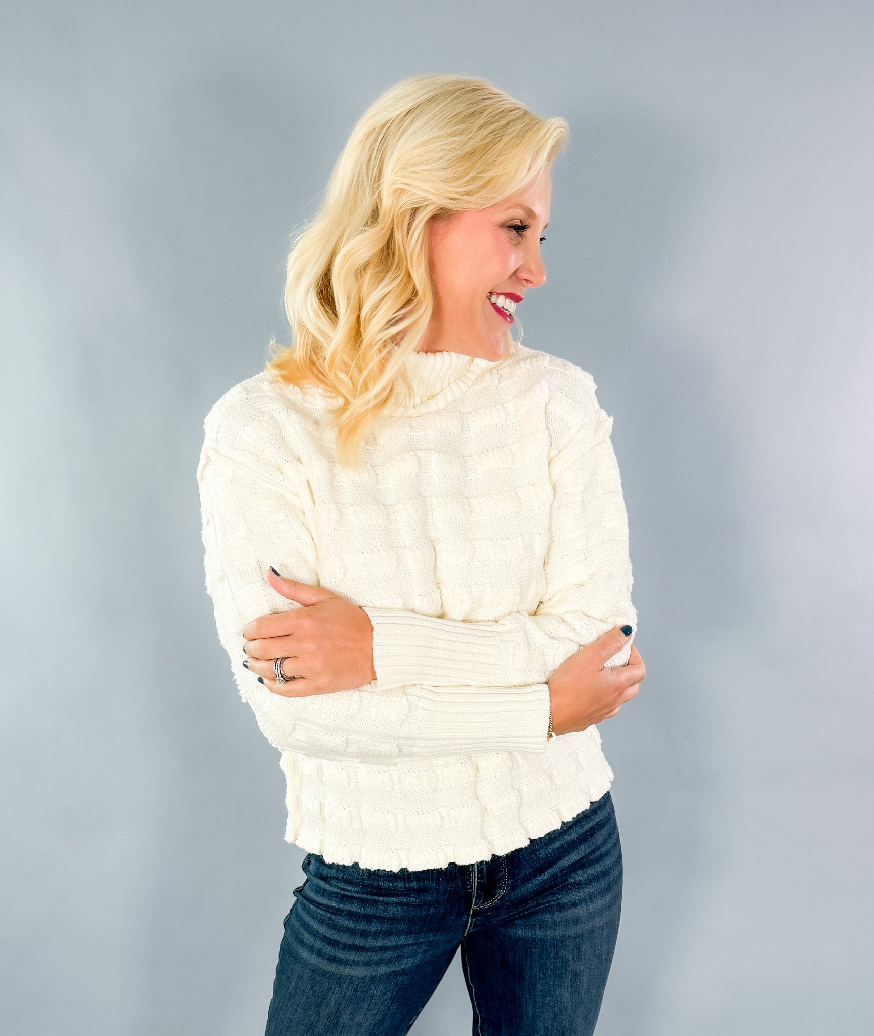 Talia Puff Squares Ivory Mock Neck Sweater