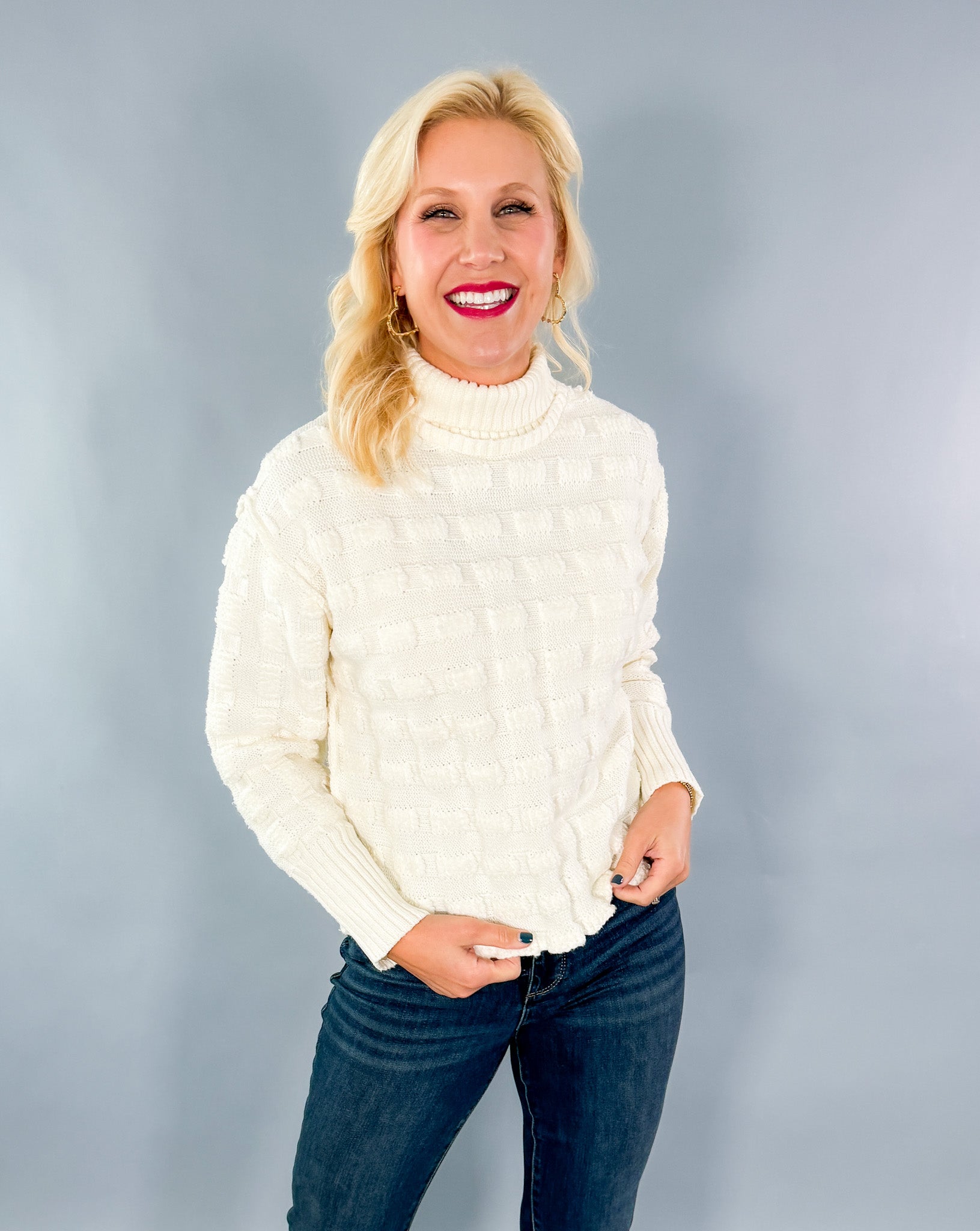 Talia Puff Squares Ivory Mock Neck Sweater