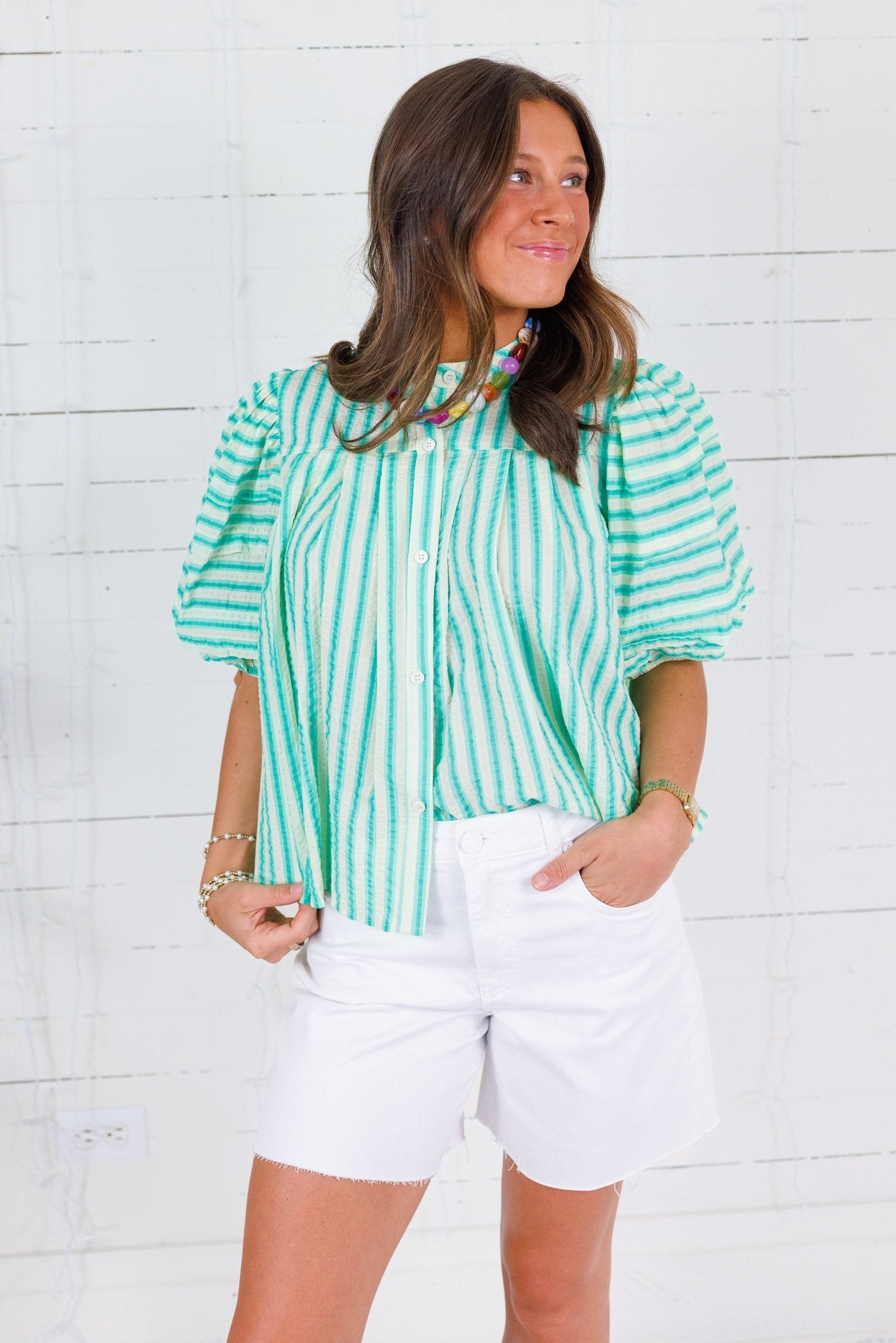 Tanya Aqua Seersucker Stripe Top