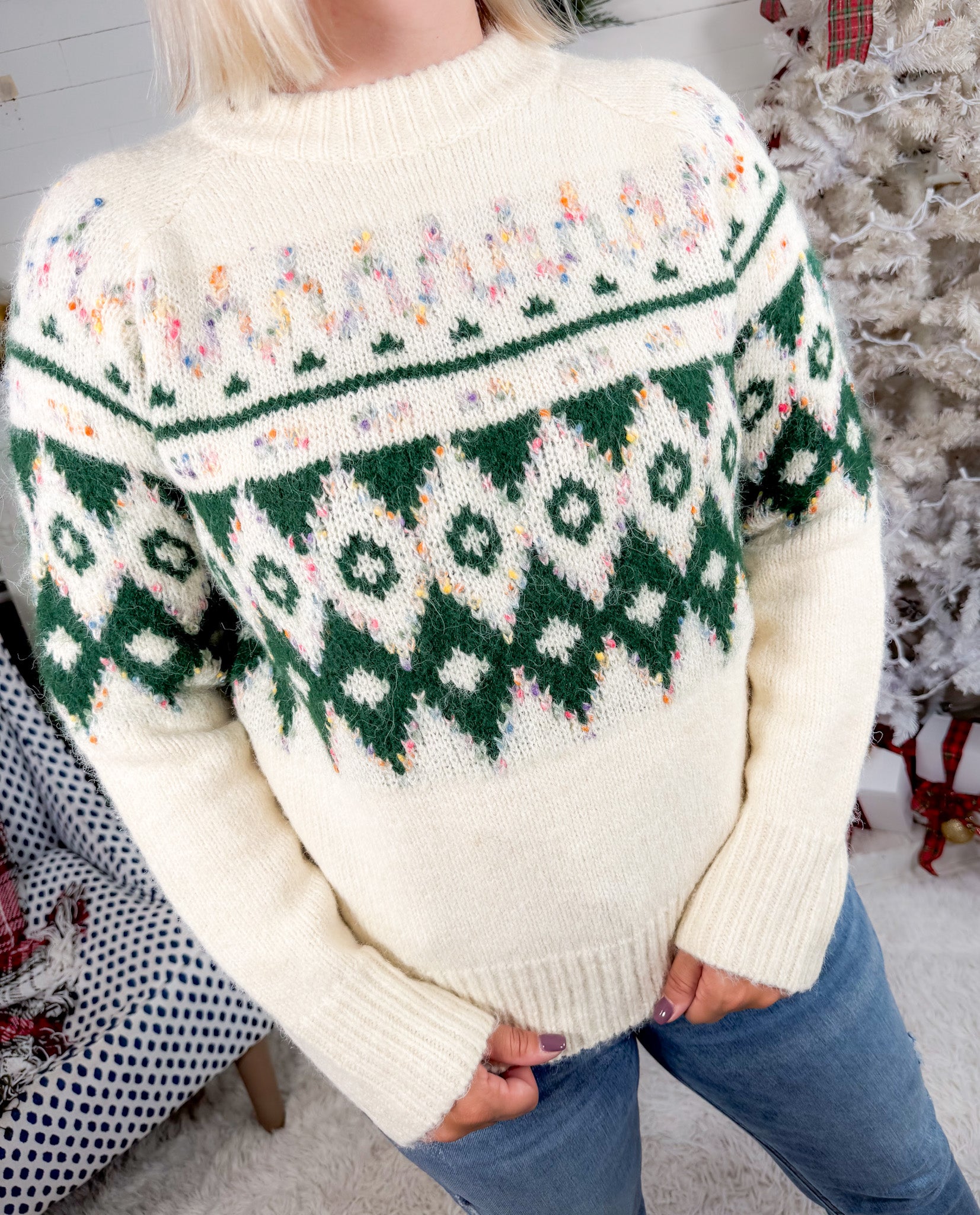 Telluride Cream + Forest FairIsle Chunky Sweater Staccato