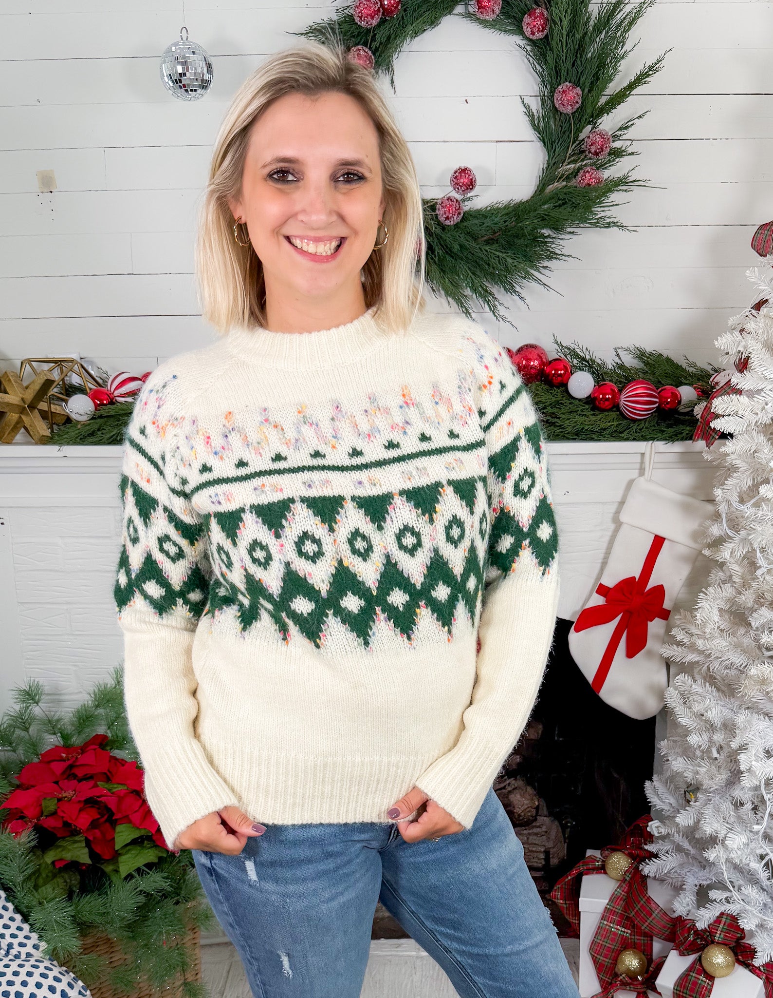Telluride Cream + Forest FairIsle Chunky Sweater Staccato