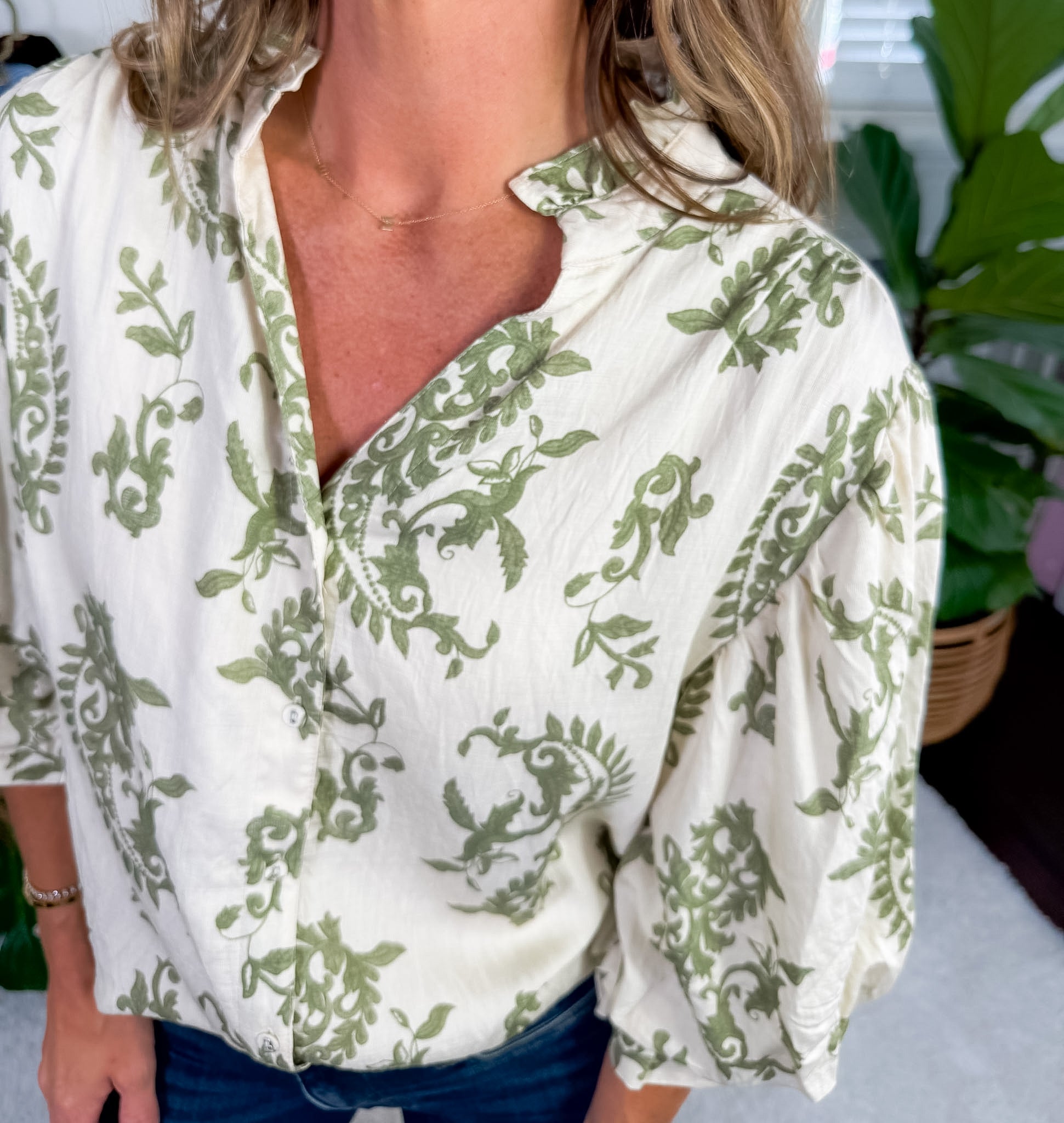 Temple Olive Balloon Sleeve Top