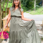 Terrell Olive Satin Tiered Maxi Dress Pinch