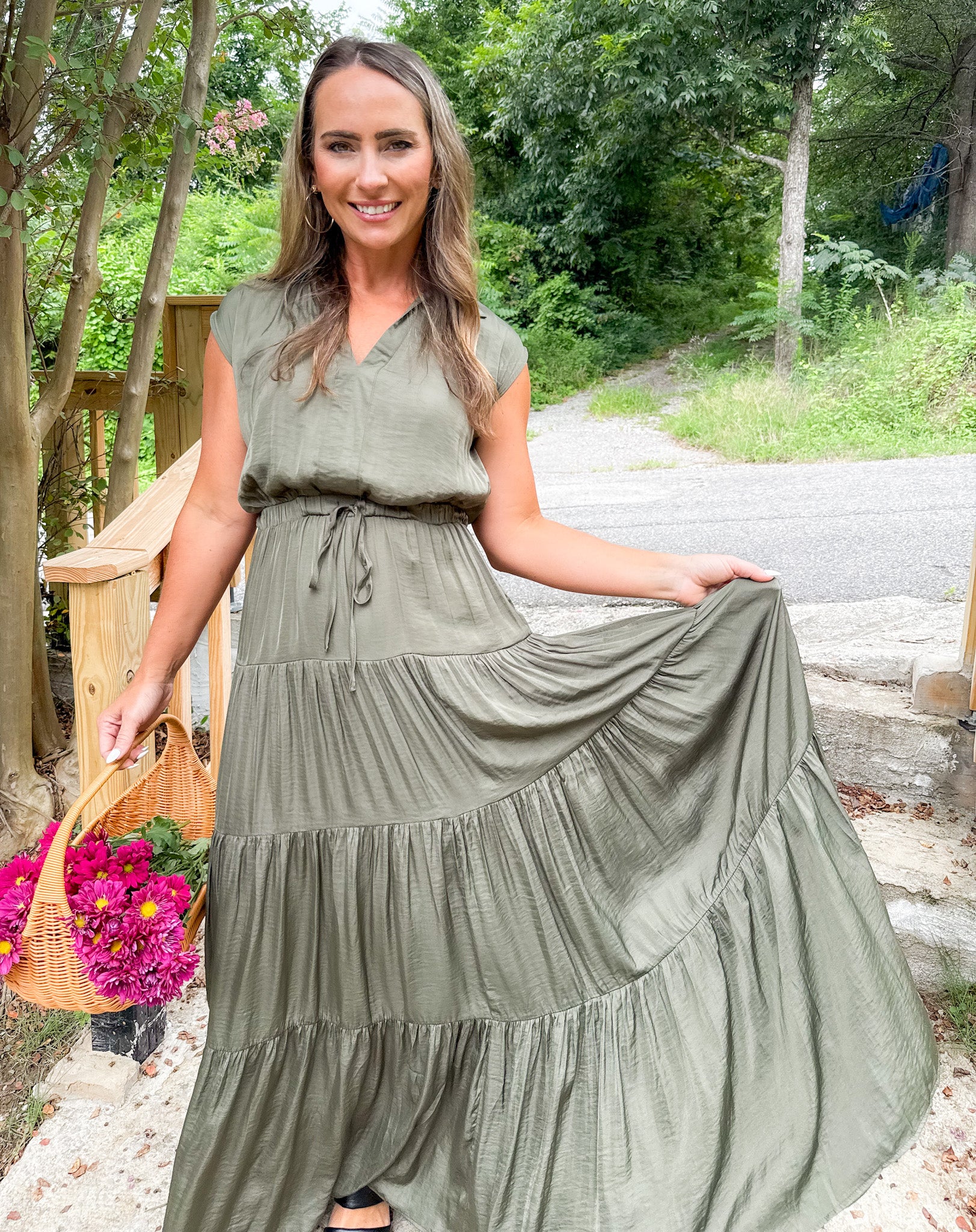 Terrell Olive Satin Tiered Maxi Dress Pinch