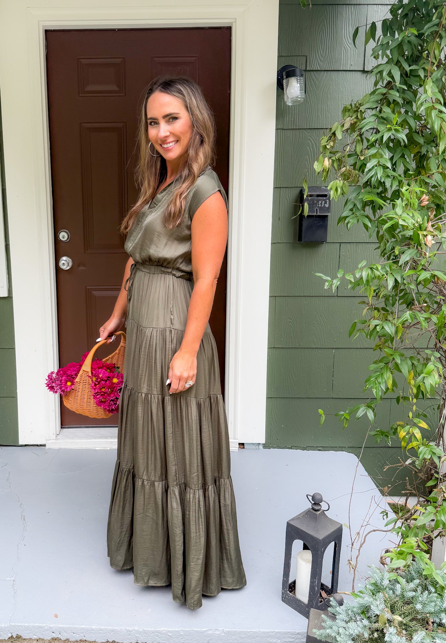 Terrell Olive Satin Tiered Maxi Dress Pinch