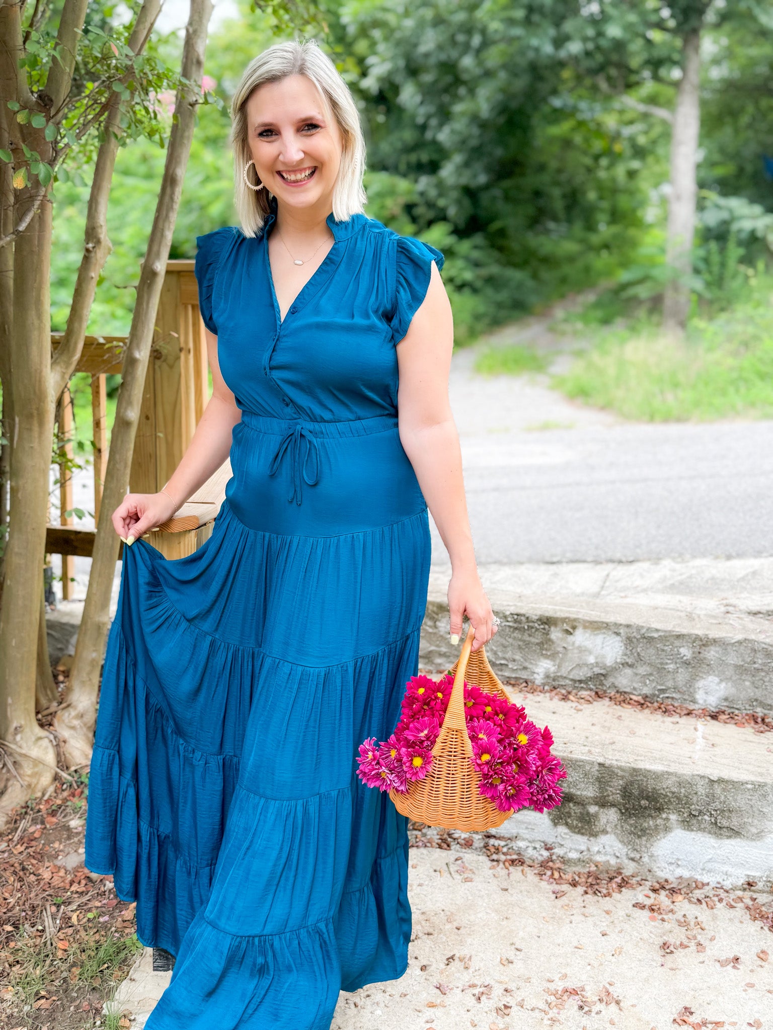 Terrell Teal Satin Tiered Maxi Dress Pinch