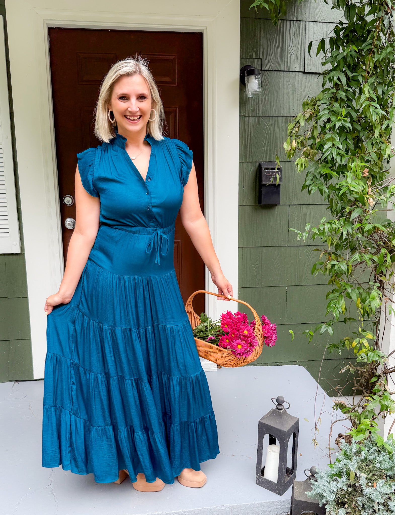 Terrell Teal Satin Tiered Maxi Dress Pinch