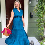 Terrell Teal Satin Tiered Maxi Dress Pinch