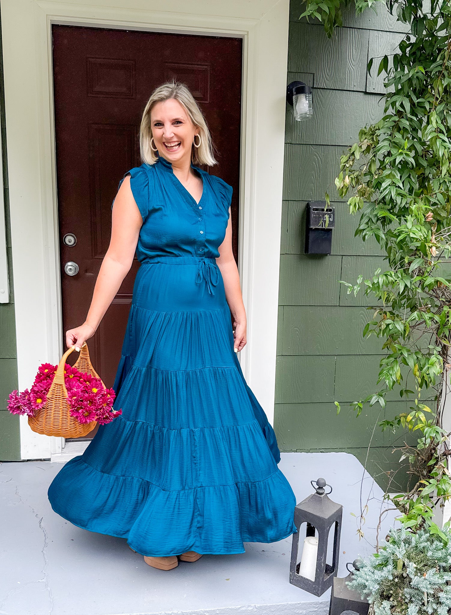 Terrell Teal Satin Tiered Maxi Dress Pinch