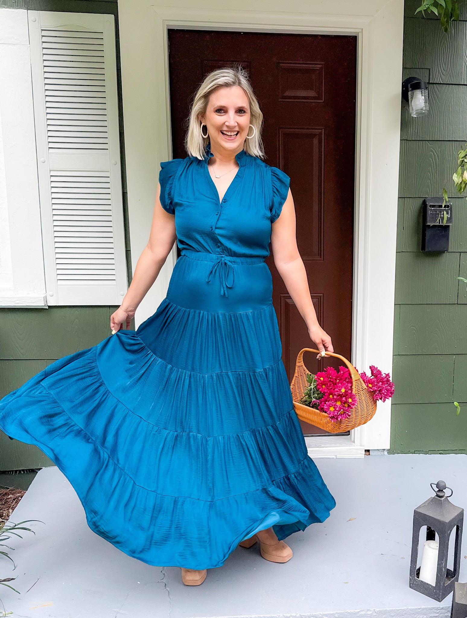 Terrell Teal Satin Tiered Maxi Dress Pinch