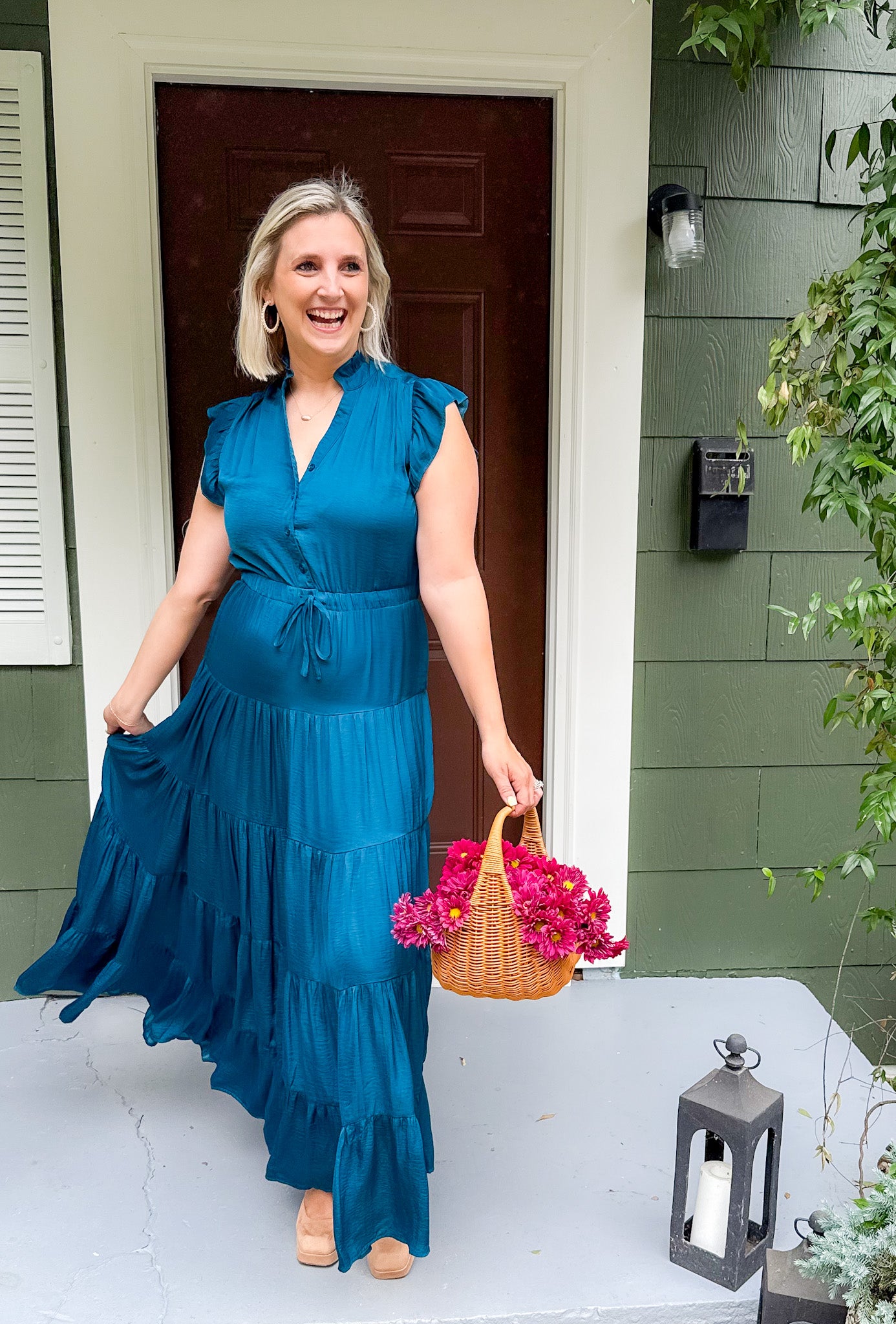 Terrell Teal Satin Tiered Maxi Dress Pinch