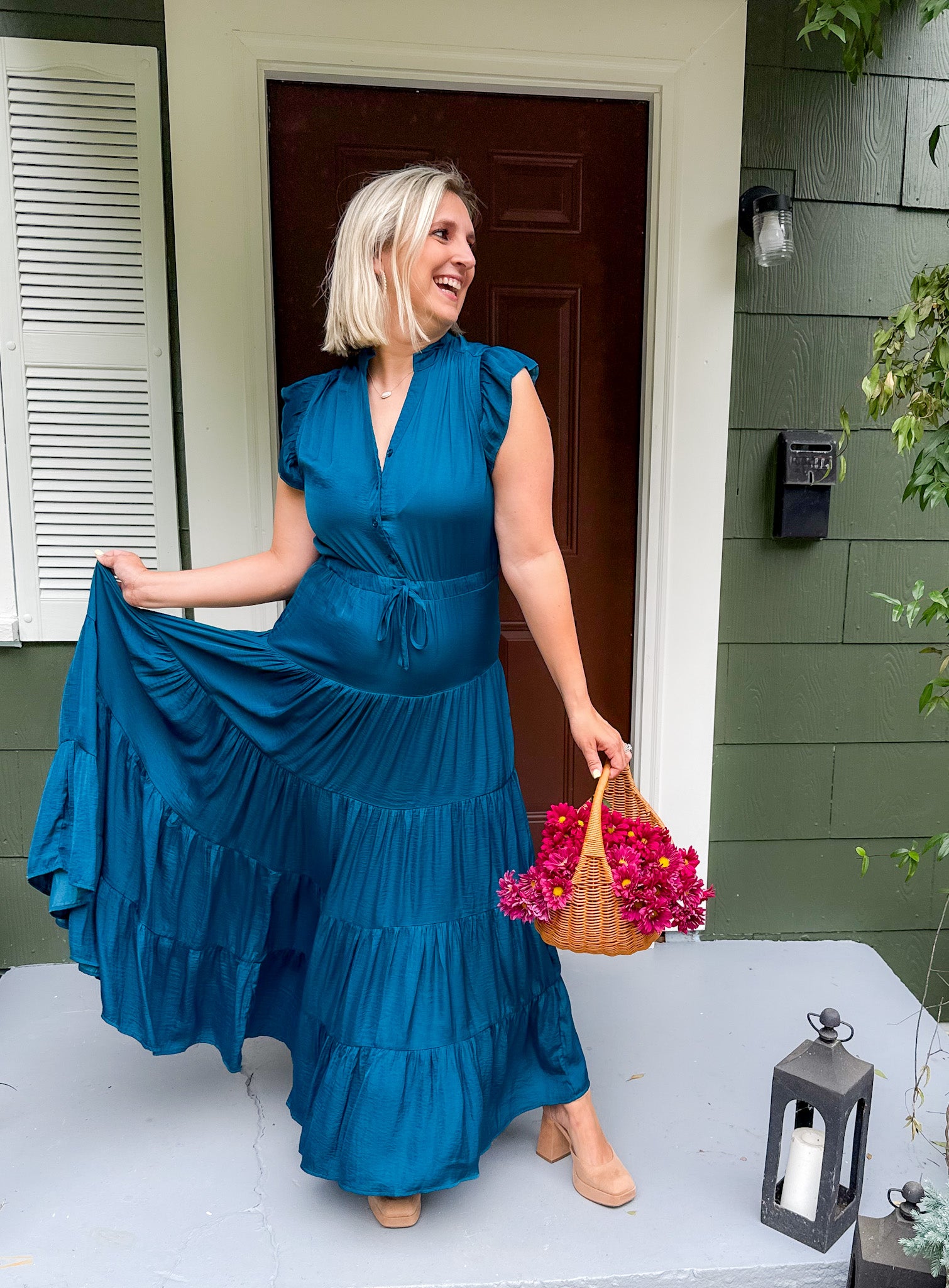 Terrell Teal Satin Tiered Maxi Dress Pinch
